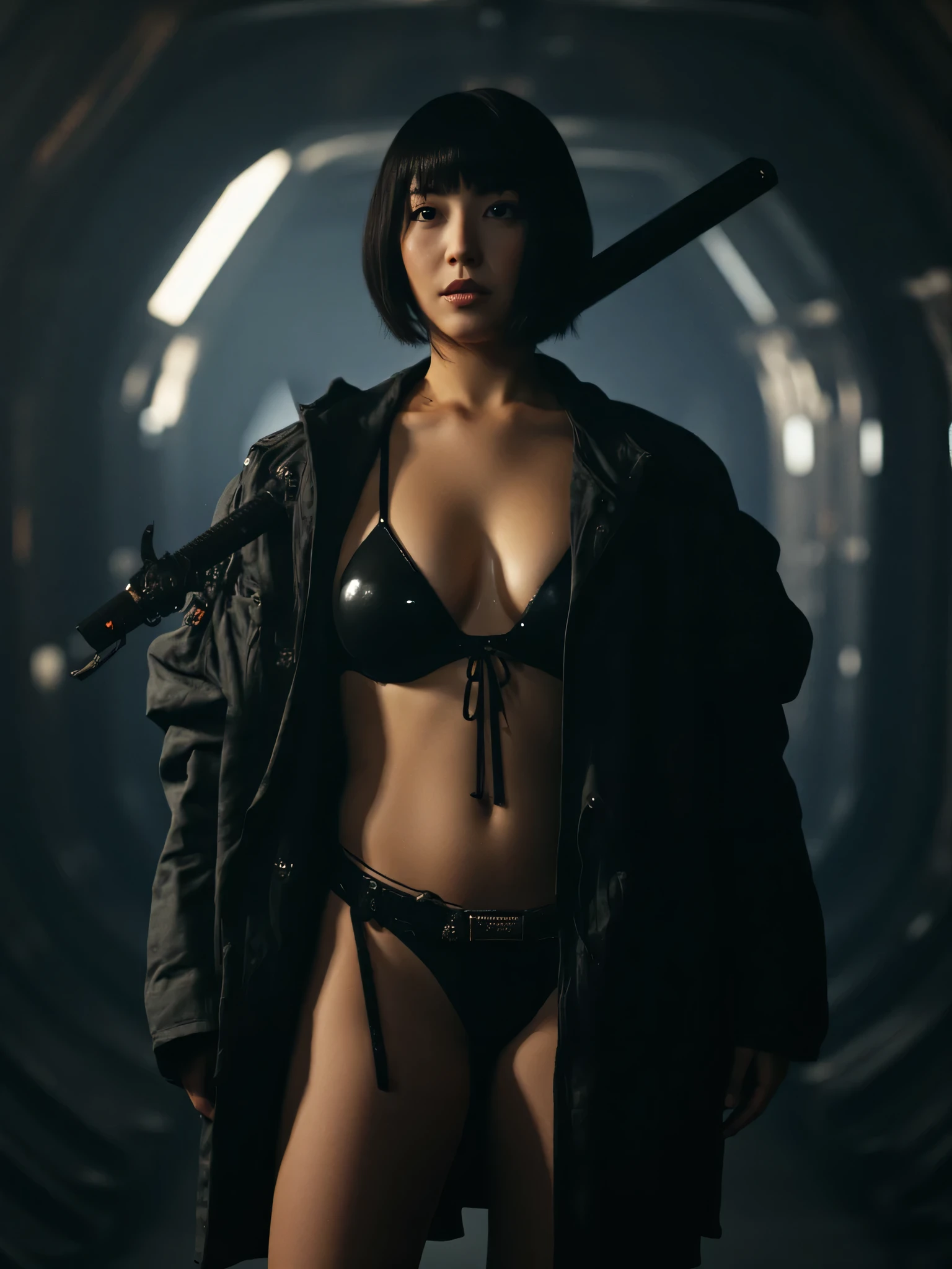 (((The dark interior of the Nostromo ship :2.0))),((( HR Giger style cyberpunk atmosphere:2.0))),(((Hold a cyberpunk-style Japanese sword:2.0))), ,((whole body:2.0)), one woman,( cute face),(Beautiful well-balanced face ),(Center parted short hair:1.5),( black hair:1.5),( beautiful eyes:1.3),Glamorous shot of a 20 year old Japanese woman , Slender Beautiful Body ,( model body type:1.3),(Slim body:1.3), perfect body line, Ideal Proportions ,(( big breasts:2.0)),(((underboob:2.0))),Bare thighs,Voluptuous thighs, delicate body,( Shrimp:1.5),A harmonious posture,(Realistic breast depiction :1.5),(Realistic depiction of areolas:1.3), carefully depict limbs based on perfect anatomy ,((Futuristic Samurai Style Black Super High Leg Micro Bikini :2.0)),((Fitted camie-like latex ultra-high leg micro bikini:1.5)),((Samurai kimono style military coat with an open front over a micro bikini :1.5)),(ear monitor:1.5),((Tactical Holster:1.5)),( gloves:1.3), concept art ,( best quality :1.5),(masterpiece:1.5),(Super high resolution),resolution,UHD,( Delicate Depiction), carefully drawn with butterfly wings ,32K,(( realistic skin texture:1.5)),((( Ultra Realistic:1.5))),Draw eyelashes carefully, very detailed face,Highly detailed female hand,Sexy appearance,Very sensual,(Blurry Dim Backgrounds :1.5), chicken,( movie lights:2.0),((Blade Runner Style Light :2.0))