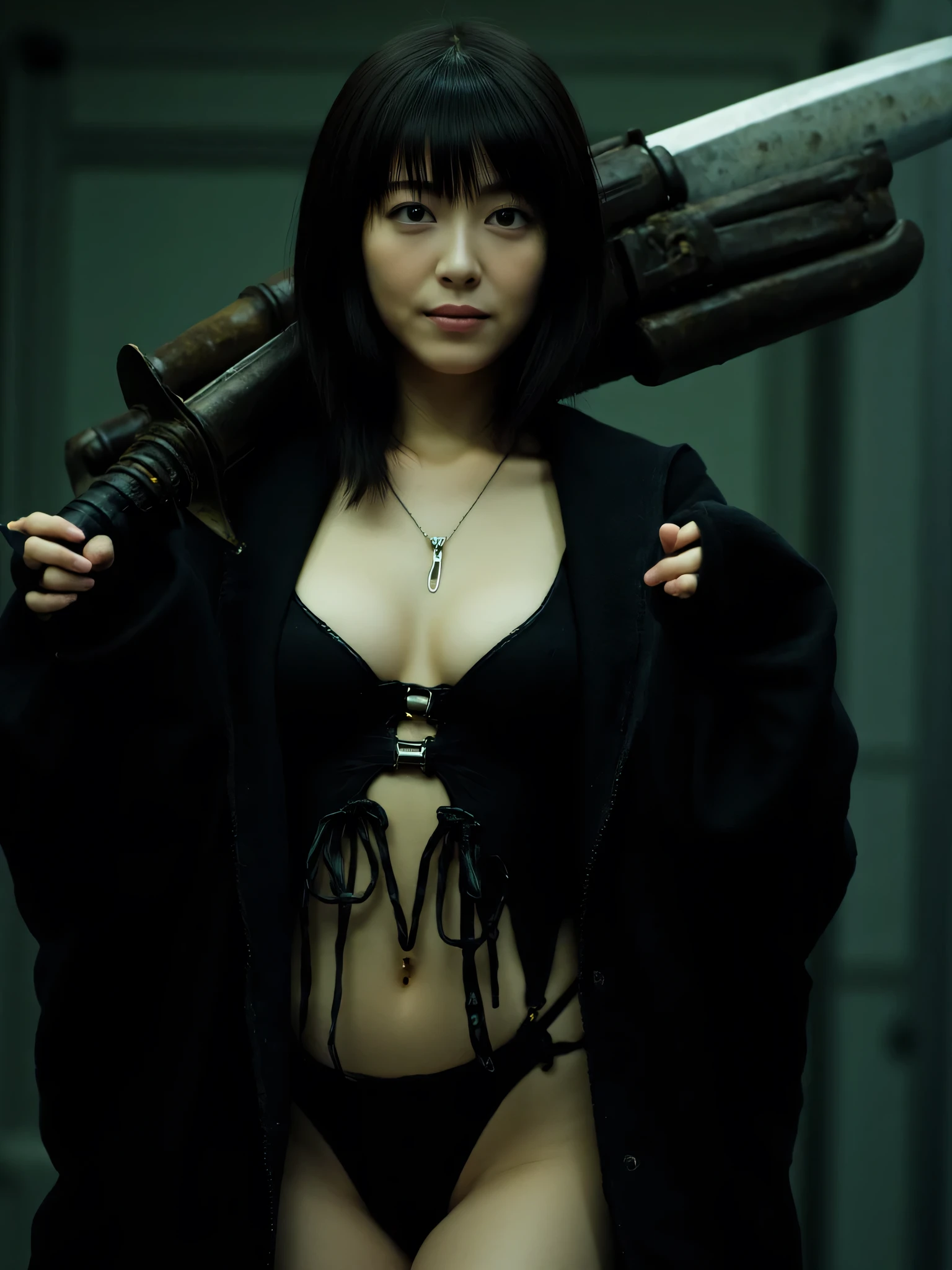 (((The dark interior of the Nostromo ship :2.0))),((( HR Giger style cyberpunk atmosphere:2.0))),(((Hold a cyberpunk-style Japanese sword:2.0))), ,((whole body:2.0)), one woman,( cute face),(Beautiful well-balanced face ),(Center parted short hair:1.5),( black hair:1.5),( beautiful eyes:1.3),Glamorous shot of a 20 year old Japanese woman , Slender Beautiful Body ,( model body type:1.3),(Slim body:1.3), perfect body line, Ideal Proportions ,(( :2.0)),(((underboob:2.0))), thighs,Voluptuous thighs, delicate body,( Shrimp:1.5),A harmonious posture,(Realistic depiction :1.5),(Realistic depiction of :1.3), carefully depict limbs based on perfect ,((Futuristic Samurai Style Black Super High Leg Micro :2.0)),((Fitted camie-like latex ultra-high leg micro :1.5)),((Samurai kimono style military coat with an open front over a micro :1.5)),(ear monitor:1.5),((Tactical Holster:1.5)),( gloves:1.3), concept art ,( best quality :1.5),(masterpiece:1.5),(Super high resolution),resolution,UHD,( Delicate Depiction), carefully drawn with butterfly wings ,32K,(( realistic skin texture:1.5)),((( Ultra Realistic:1.5))),Draw eyelashes carefully, very detailed face,Highly detailed female hand,Sexy appearance,Very sensual,(Blurry Dim Backgrounds :1.5), chicken,( movie lights:2.0),((Blade Runner Style Light :2.0))