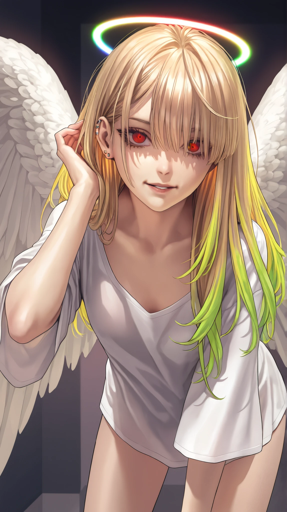 PORTRAIT of a 21-year-old woman , with red eyes and golden hair blonde, hair tips poisonous green , loose t-shirt, leaning forward , small breasts, blouse extended downwards , long hair , pretty face, woman with violet hair and yellow eyes , Perfect face, calm face, disheveled hair, shiny hair , detailed hair, falling hair , piercing look , Isometric style , yellow eyes , ideal body, perfect eyes , princess looks , perfect hands, Pure highlights , perfect eyes , beautiful red eyes , angel with white wings , neon green poison , rainbow halo