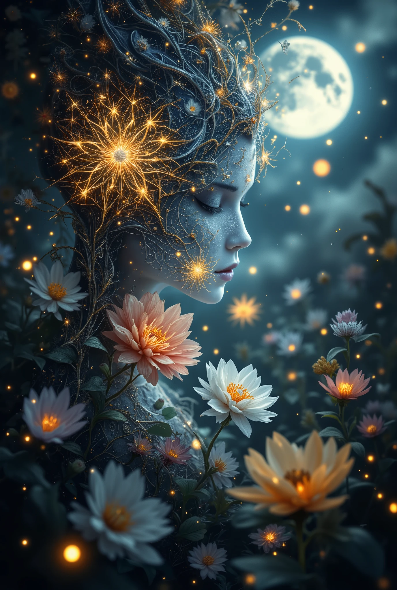 A picture of the section for day and night in which flowers shimmer with delicate flowers in transient shadows and the mystical light of gold and silver dust, turns into the heart of a beautiful shape with delicate and bright colors Very beautiful in the Fantasy style where the moon meets the sun , wallpaper, 8k best quality , complicated details, Lots of Details , masterpiece, ultra details, Lots of Details , complex picture, professional processing ,