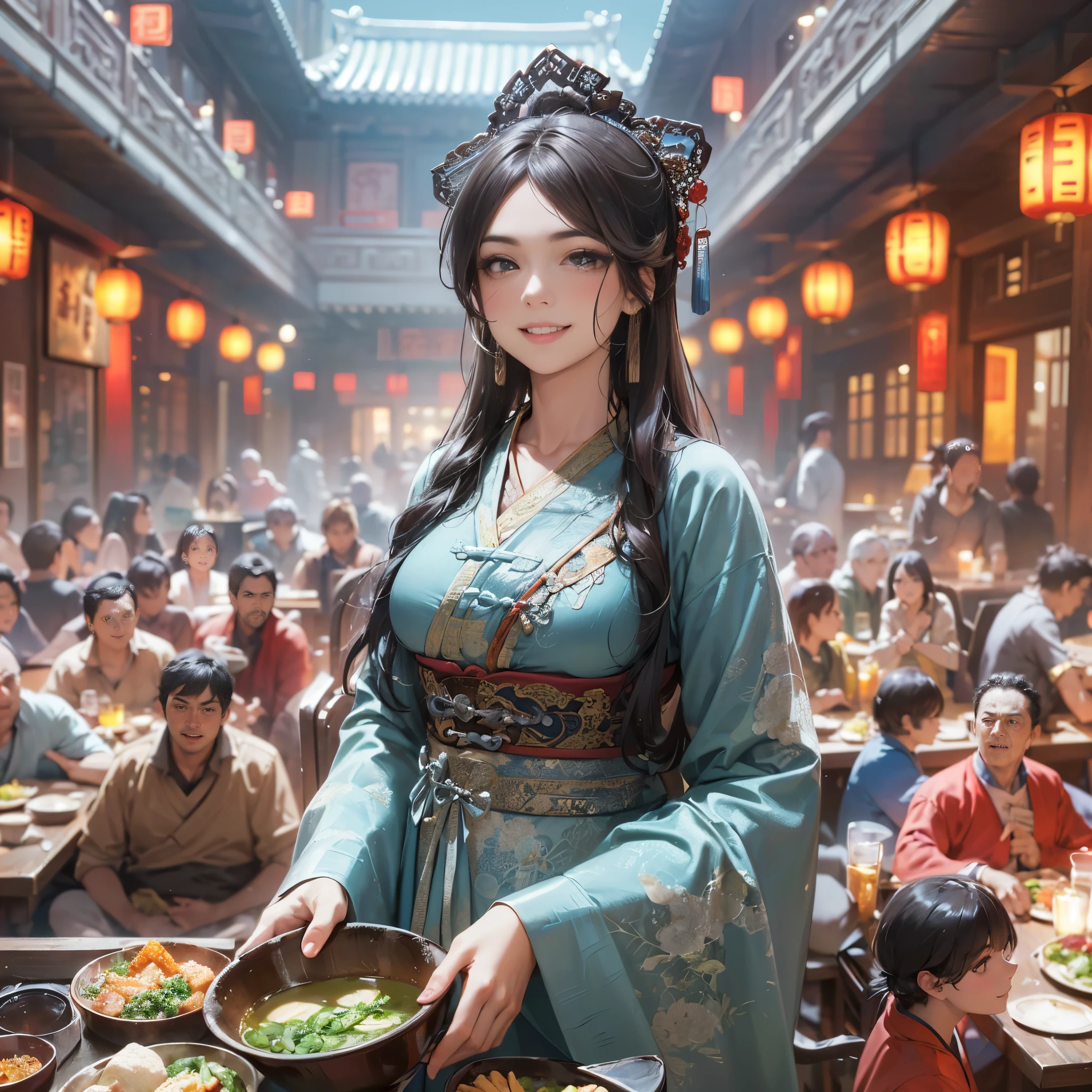 (The most amazing scene ever created:1.0), (Masterpiece:1.0), (Best Quality:1.0), (amazing quality:1.0), (sharpest focus:1.0), (Ultra-realistic Photo:1.0), (Ultra-precise Photo:1.0), (beautiful face and eye:1.2),
(Depth of field:1.0), (super fine:1.0), (16k:1.0), (incredibly absurdres:1.0), (extremely detailed:1.0), (delicate and dynamic:1.0), (very aesthetic:1.0), (absurdres:1.0), (beautiful face and eye:1.2), (perfect anatomy:1.2),
(very tall, broad-shouldered, large lady:1.2), (very beautiful lady in a bar in Song dynasty China:1.5), (large beautiful middle-aged woman with rolled-up sleeves and arms raised high serving a large quantity of food:1.5),
(pleasant smile:1.4), (a bustling, folksy bar:1.2), (big smile:1.5), (winning smile:1.5),