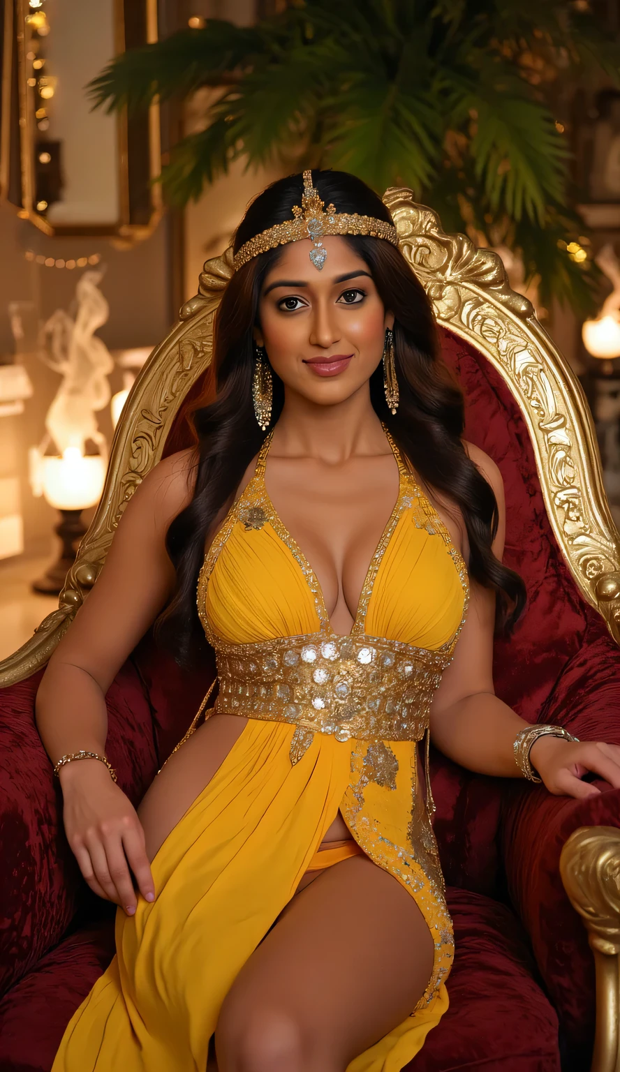 a stunning, sensual depiction of ancient Naked Cleopatra. She is seated on a luxurious golden throne adorned with intricate Egyptian hieroglyphics, surrounded by opulent royal decor. Cleopatra is wearing a revealing naked dress, elegant golden gown with intricate beadwork, paired with a jeweled headdress featuring a cobra motif. Her skin glows under the soft ambient light of flickering oil lamps. The scene includes rich drapes of crimson and gold, exotic incense smoke swirling in the background, and Nile-inspired elements such as lush greenery and shimmering water reflections. Cleopatra's gaze is alluring, with striking eyeliner and a commanding yet seductive presence. Maintain a high level of detail to enhance the regal and sensual atmosphere,4k,HDR,Naked