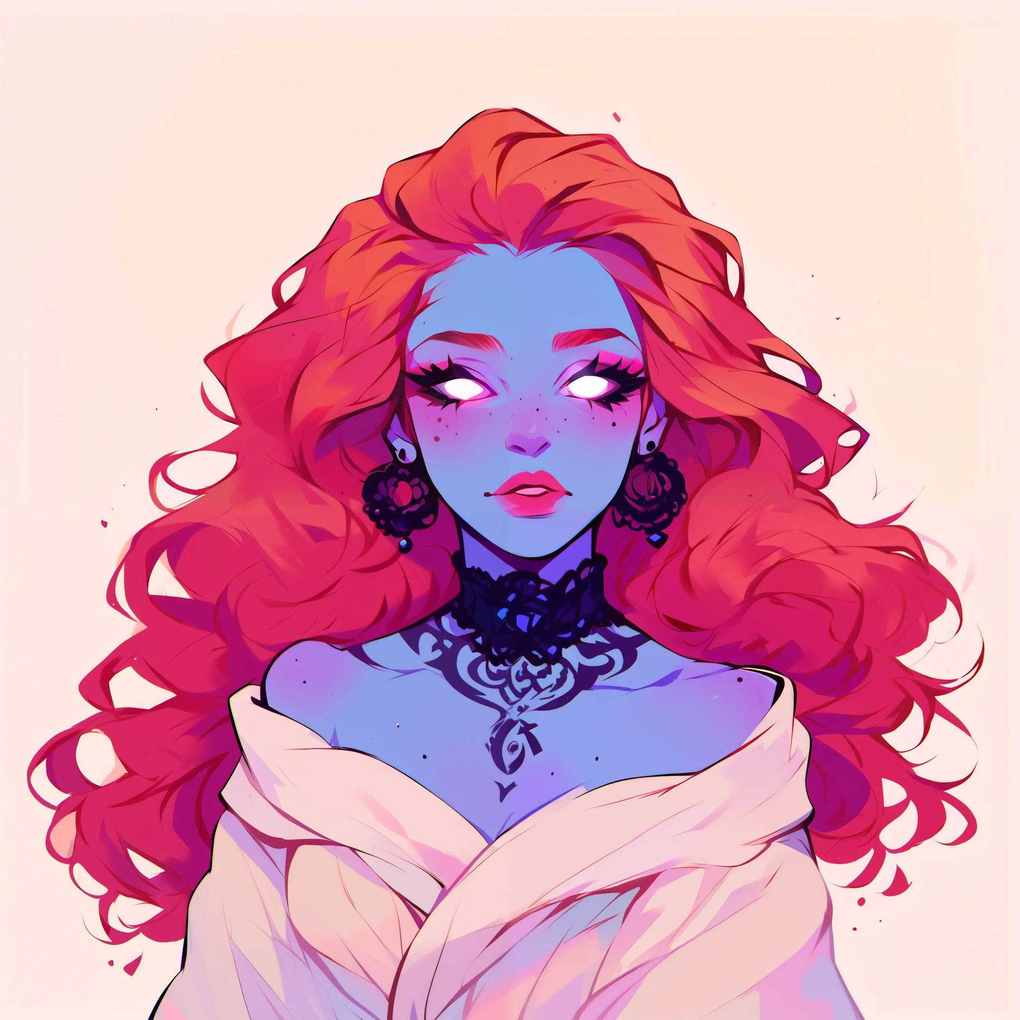 score_9, score_8_up, score_7_up, score_6_up, score_5_up, score_4_up, did vaporwave style, solo, 1girl, female, a thin young girl wearing a gothic black wedding dress, has a very long blood red hair, has fair pale blue skin, has light freckles, wearing dark eye shadow has full white eyes, has her arms crossed, has freckles on her cheeks chest and shoulders, has pink cheeks, wearing sheer beige shawl, wearing black choker, wearing pink lipstick, very pale green and blue skin tone, innocent face, has tattoos down her legs, wearing black lace sandals, full body