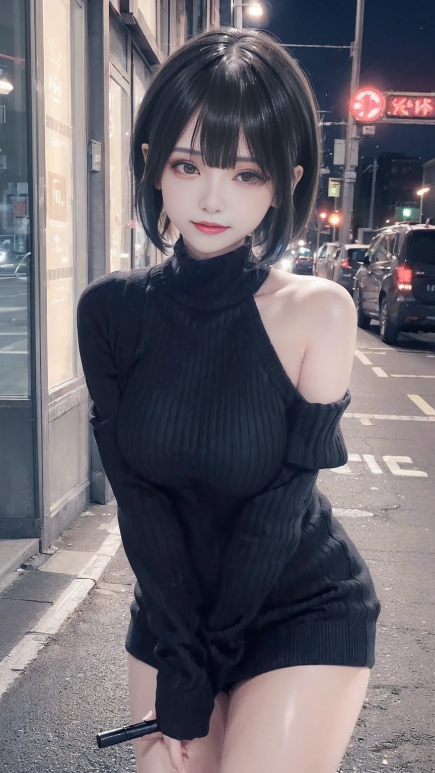 ((best quality)), ((masterpiece)), (detailed), perfect face Very attractive girl with a good body in a flirtatious short black low-cut dress taking a serious photo in the mirror,black fur,in the bathroom,phone in hand,violet eyes, Chino ,culona,japanese, wolf-haircut