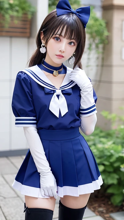masterpiece, highest quality, High resolution, Realistic, Show more1, tiara, Sailor Warrior Uniform, Blue Skirt, Blue sailor collar, tiara, bow, Knee Boots, choker, White gloves, blue choker, elbow gloves, jewelry, Earrings, Pleated skirt, Cowboy Shot, Garden with lots of blue flowers on background, Arms above head, Angle from below, ((Showing panties:1.3))