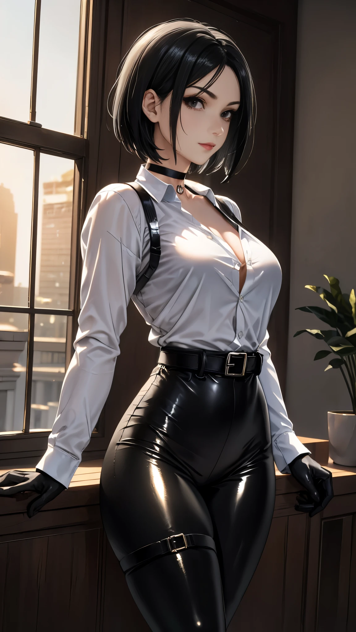  masterpiece,  envelopes, HDR-10,  Volumetric lighting , ( perfect hands), There is a person, standing, View from the side,  profile view , looking at viewer,  seductive look , slight smile,  detailed eyes,  black eyes, sensual lips,  short black hair ,   choker : 1.6,  (white long sleeve buttoned shirt), (black straps), ( shiny black leggings),  black gloves,  belt, ((thigh harness)), elegant room, mansion,  at night