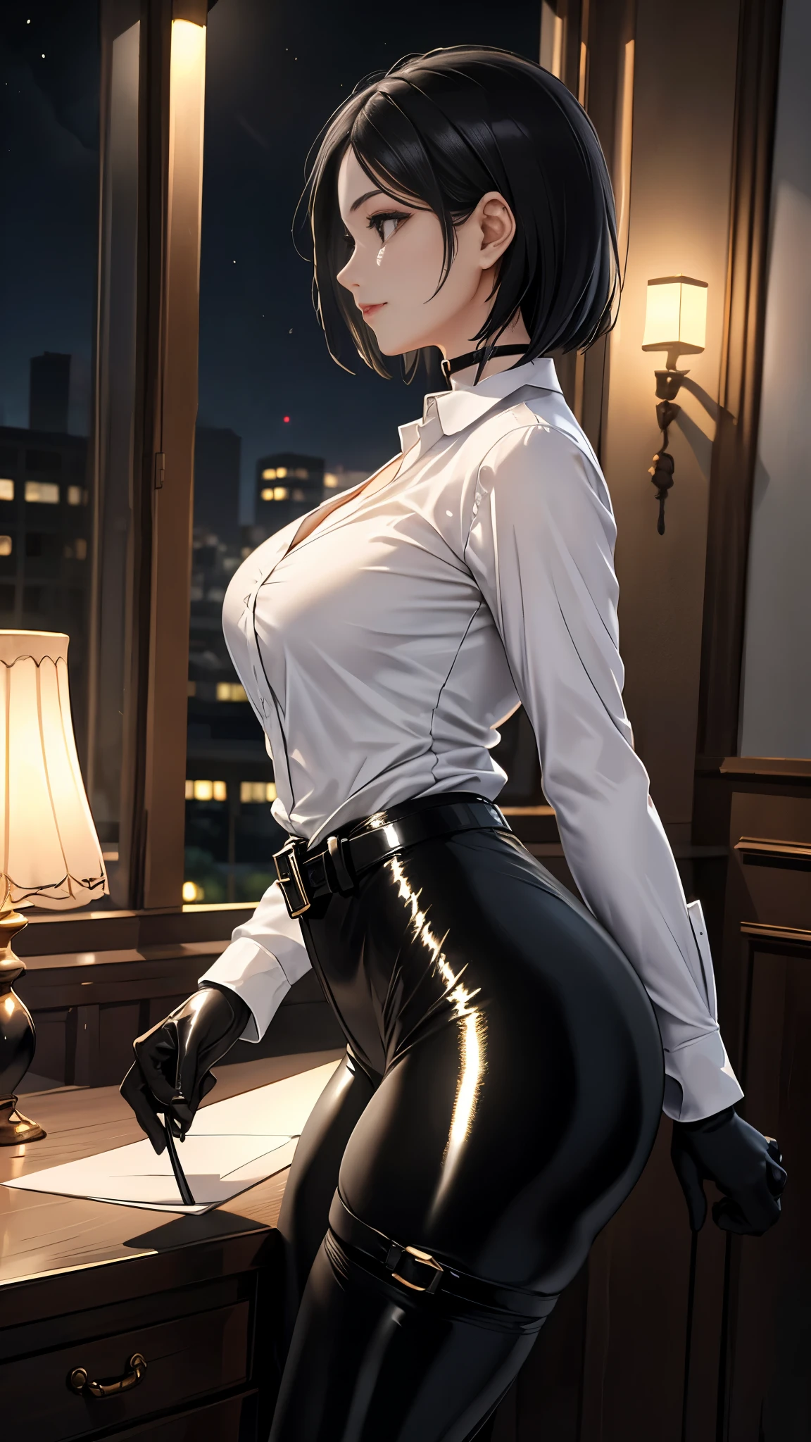 masterpiece, envelopes, HDR-10, Volumetric lighting , ( perfect hands), There is a person, standing, ((View from the side)), (( profile view )), looking at viewer, seductive look , slight smile, detailed eyes, black eyes, sensual lips, short black hair , choker : 1.6, (white long sleeve buttoned shirt), (black straps), ( shiny black leggings), black gloves, belt, ((thigh harness)), elegant room, mansion, at night