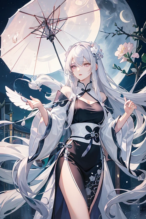 ((High resolution Gray Hair Long Hair Black kimono Black Band military commander Lonely despair)) ((Yellow butterfly night Japanese style shoulder old Shining Aura garden water surface)) (dance Blade of Darkness Japanese sword Swing down Slashing) moon star Draw your sword Slashing Catch the wind autumn