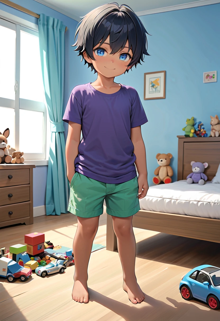 Masterpiece, best high quality image, very good detailed image, HD, high resolution, very good detailed character, very good detailed background, very detailed textures, carefully detailed and textures, character alone, full body)
{{((1:character: a 6-years-old male :( body. fair tanned skin. light-blue eyes. short black hair. cute laugh. playing happy. He stands 1,10-meters-tall.),(purple t-shirt. green shorts.),(cute bedroom, full of toys. Sunny morning))}}