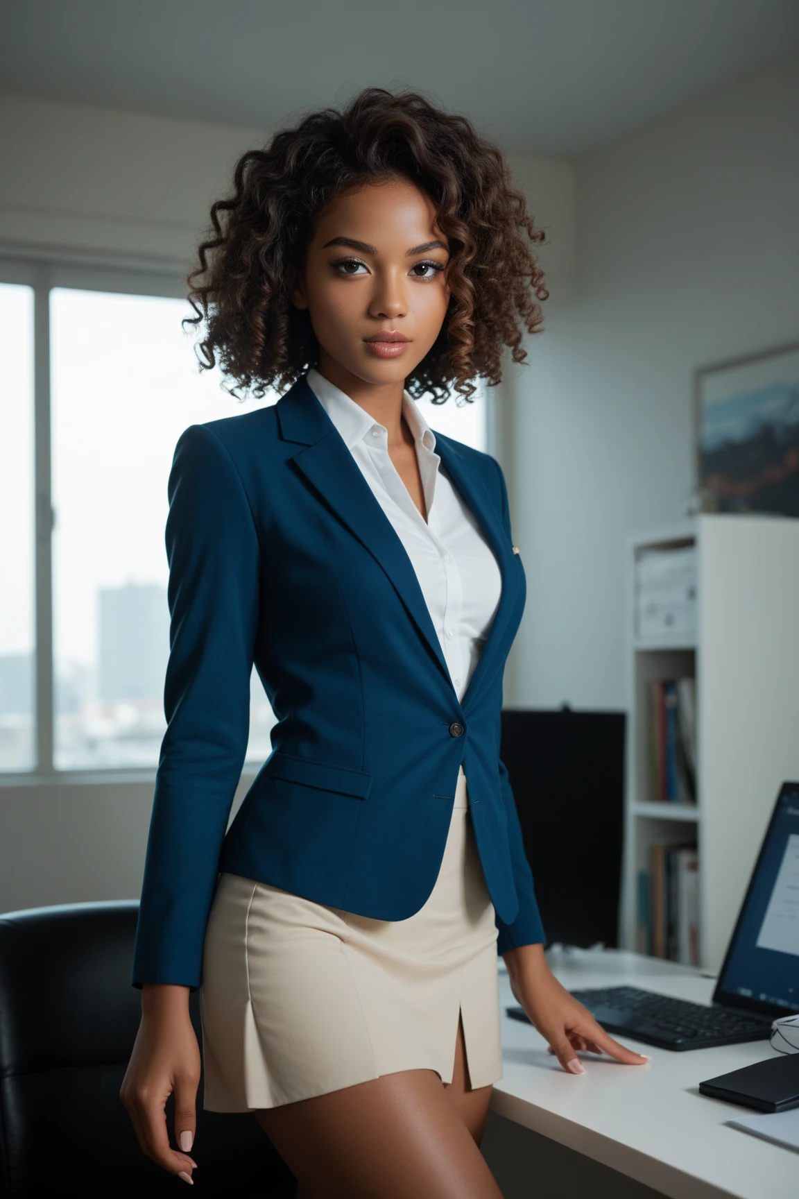 <lora:Laura_Branco:.8>dark skin, black curly hair, honey eyes, white shirt, black slacks, looking at viewer, serious, standing, arms crossed, inside office, desk, window, cityscape, bright lighting, high quality, masterpiece
