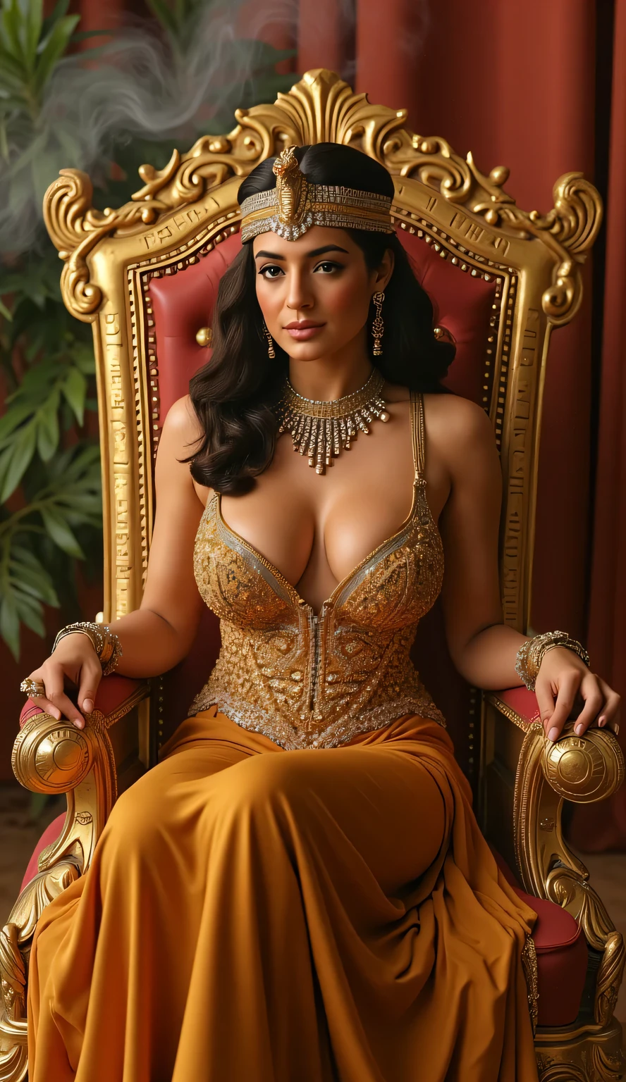 a woman posing for a picture, arabic goddess, traditional beauty, arabic, beautiful goddess, middle eastern girl, arabic super model, beautiful, gorgeous woman, middle eastern with long, sweet shy arabic, gorgeous beautiful woman, Arabian aesthetic, beautiful middle eastern girl, extremely detailed goddess shot, jaw-dropping beauty, big boobs deep cleavage, wearing crown, being crowned at a beauty contest, wearing a beauty queen sash,