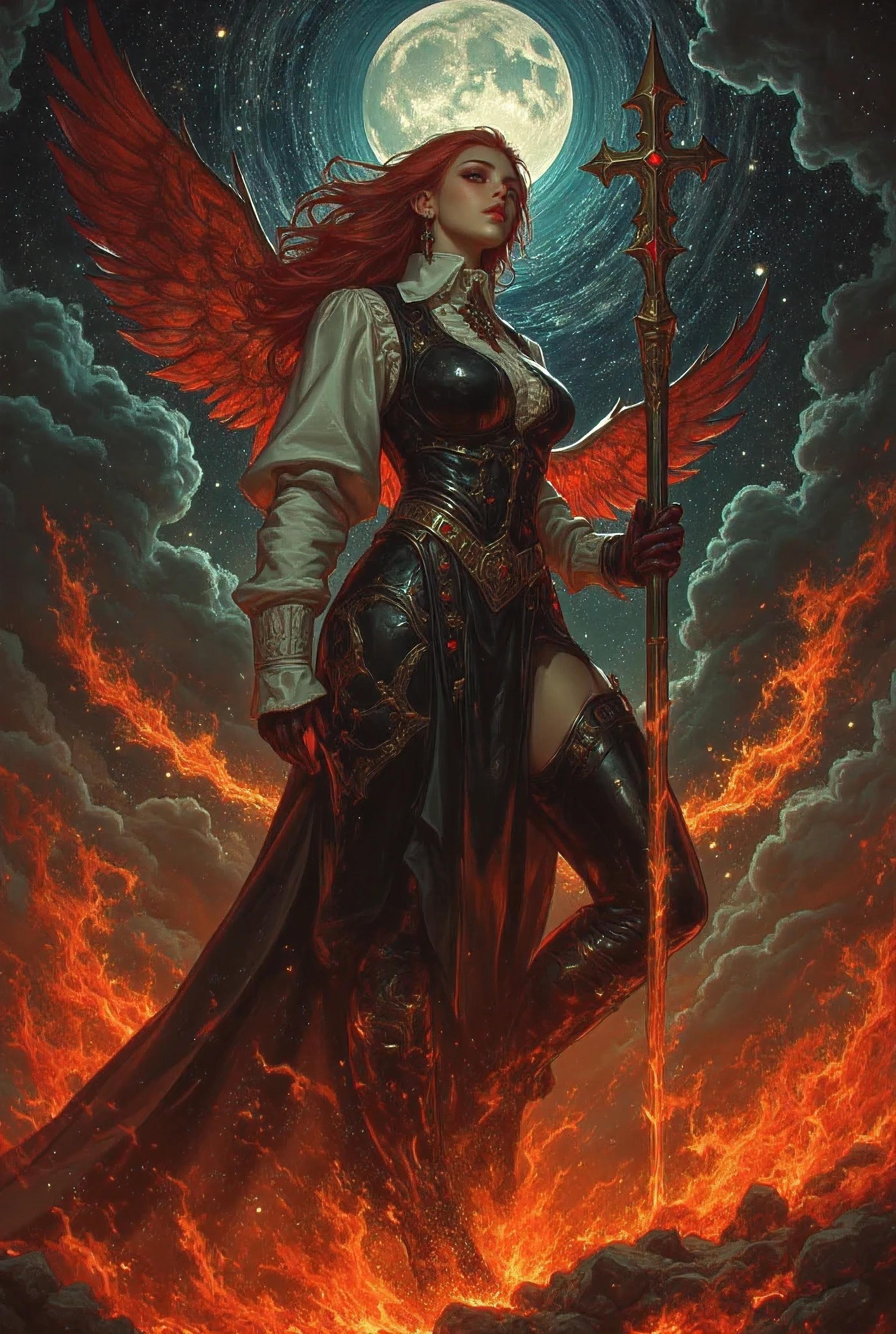 A woman with a sword standing in front of a full moon - SeaArt AI