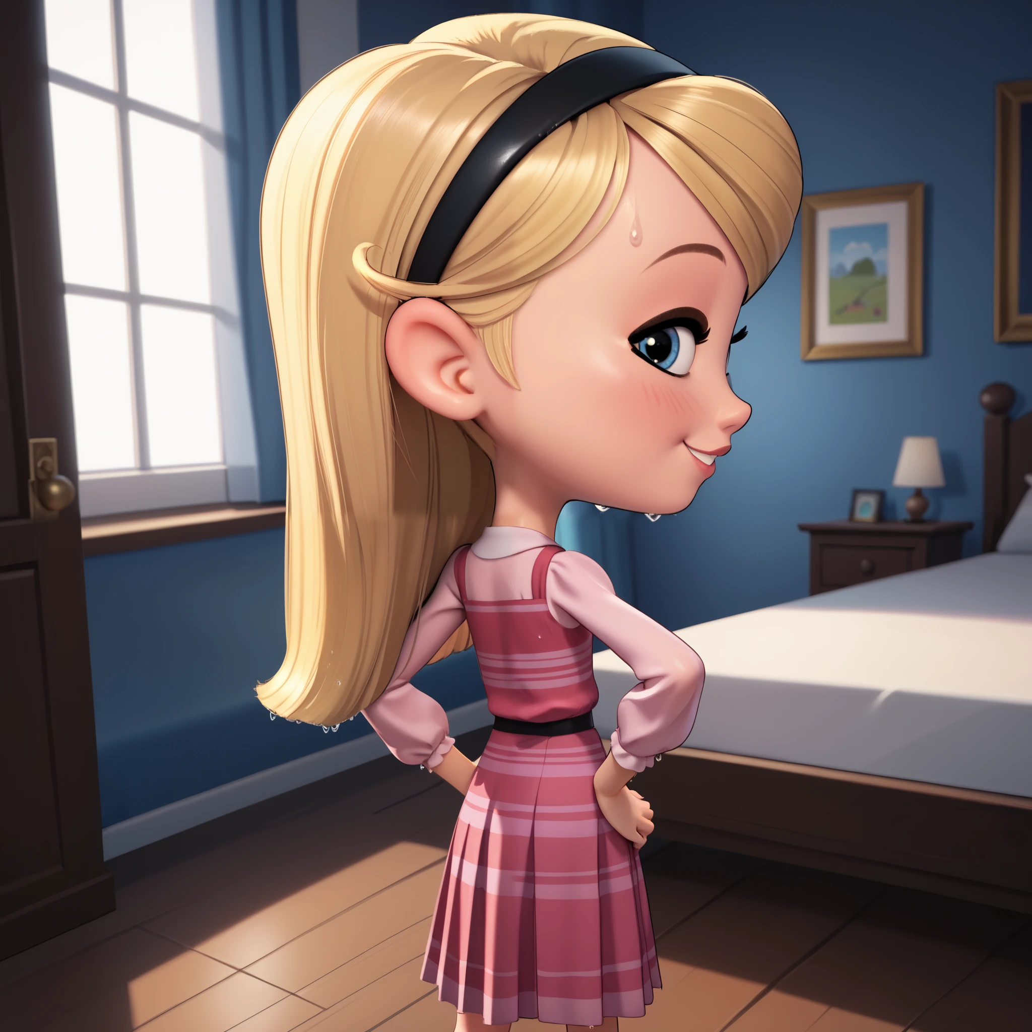 1girl, solo, penny peterson, long hair, blue eyes, 3d, blonde hair, skirt, pleated skirt, hairband, black hairband, white socks, dress, pink dress, long sleeves, puffy sleeves, no shoes, Hands on hips, perfect body, sexy, looking at viewer, cute giggle, smiling, dynamic angle, indoor, wet, blushing, cute smile, back view, ((bedroom)), soft lighting