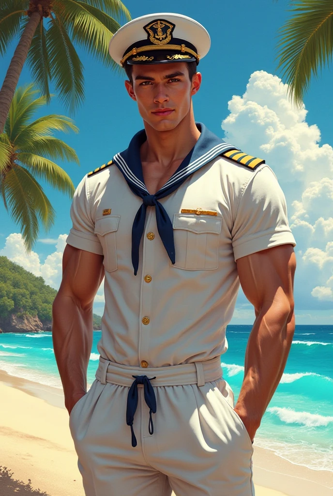 (best quality,photorealistic,masterpiece:1.2)A handsome sailor wearing a sexy and skimpy sailor uniform, detailed blue eyes, seductive smile, perfectly chiseled physique, and a confident pose. The sailor uniform is made of high-quality fabric, with shiny buttons and intricate golden embroidery. The background is a picturesque seaside pier with a beautiful sunset, casting warm golden rays on the sailor. The colors are vibrant and vivid, with deep blues, rich reds, and golden hues. The lighting is soft and dreamy, creating a romantic ambiance. The sailor's uniform is perfectly tailored, accentuating his muscular physique, while the attention to details, such as the folds of the fabric and the shiny texture, adds a sense of realism to the artwork. The overall composition and perspective are carefully crafted to highlight the sailor's charm and create a visually stunning masterpiece. The artwork is ultra-detailed, capturing every small nuance of the sailor's appearance and expression. It is a true artwork that showcases the beauty of the human form in a photorealistic style.
