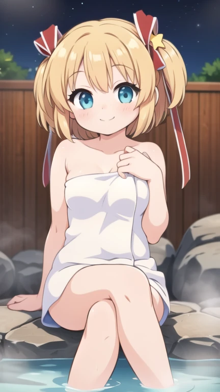 Cute naughty shrine maiden, Pastel colors hair, medium breasts, Thighs, short hair, (beige hair, parchment hair), (naked:1.3), (forehead:1.2, bangs pinned back, asymmetrical bangs, hairclip, side ponytail:1,2), standard height, (light smile, Large eyes, yuruyuri), at the adventurer's guild, A bulletin board with posted paper