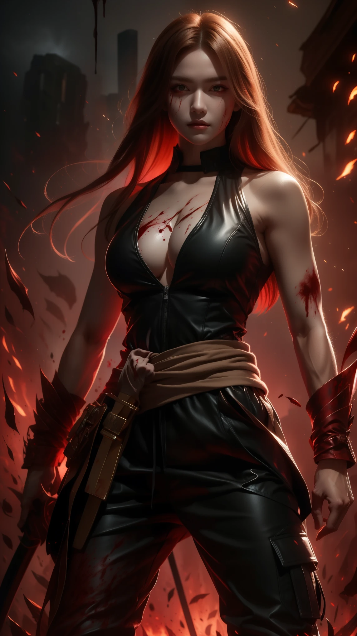 Best quality, masterpiece, ultra high res, (photorealistic:1.4), raw photo, 1girl, ((black lace nightgown)), ((small breast)), cold light, wearing black and red leggins, big ass, big legs, thick thighs, small waist, big hips, female, red hair, long hair, loose hair, yellow eyes, wearing black coat, use a katana, magical warrior, confident, (masterpiece:1.2, best quality), beautiful, a 23yo woman, fiery hair, fire goddess, (glowing red eyes), extremely detailed face, beautiful detailed eyes, defined jawline, (perfect anatomy), wearing red armor, midriff, textured skin, hot lighting, flames, embers, measures 70-40-95, beautiful figure, confidant, wearing black leggins, big legs, highly voluptuous thighs, wears a black coat, fire powers, fire hero, big ass, solo girl, thick legs,
