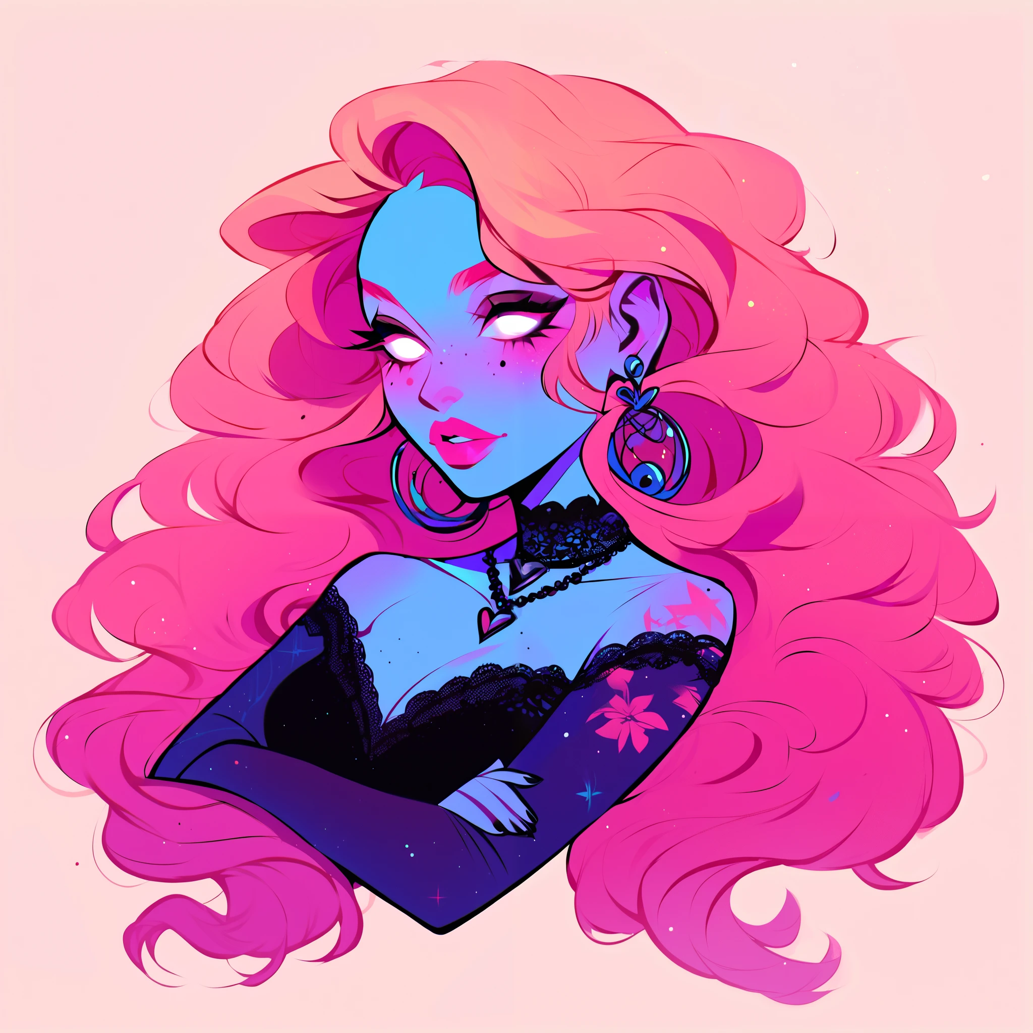 score_9, score_8_up, score_7_up, score_6_up, score_5_up, score_4_up, did vaporwave style, solo, 1girl, female, a thin young girl wearing a gothic black wedding dress, has a very long blood red hair, has fair pale blue skin, has light freckles, wearing dark eye shadow has full white eyes, has her arms crossed, has freckles on her cheeks chest and shoulders, has pink cheeks, wearing sheer beige shawl, wearing black choker, wearing pink lipstick, very pale green and blue skin tone, innocent face, has tattoos down her legs, wearing black lace sandals, full body