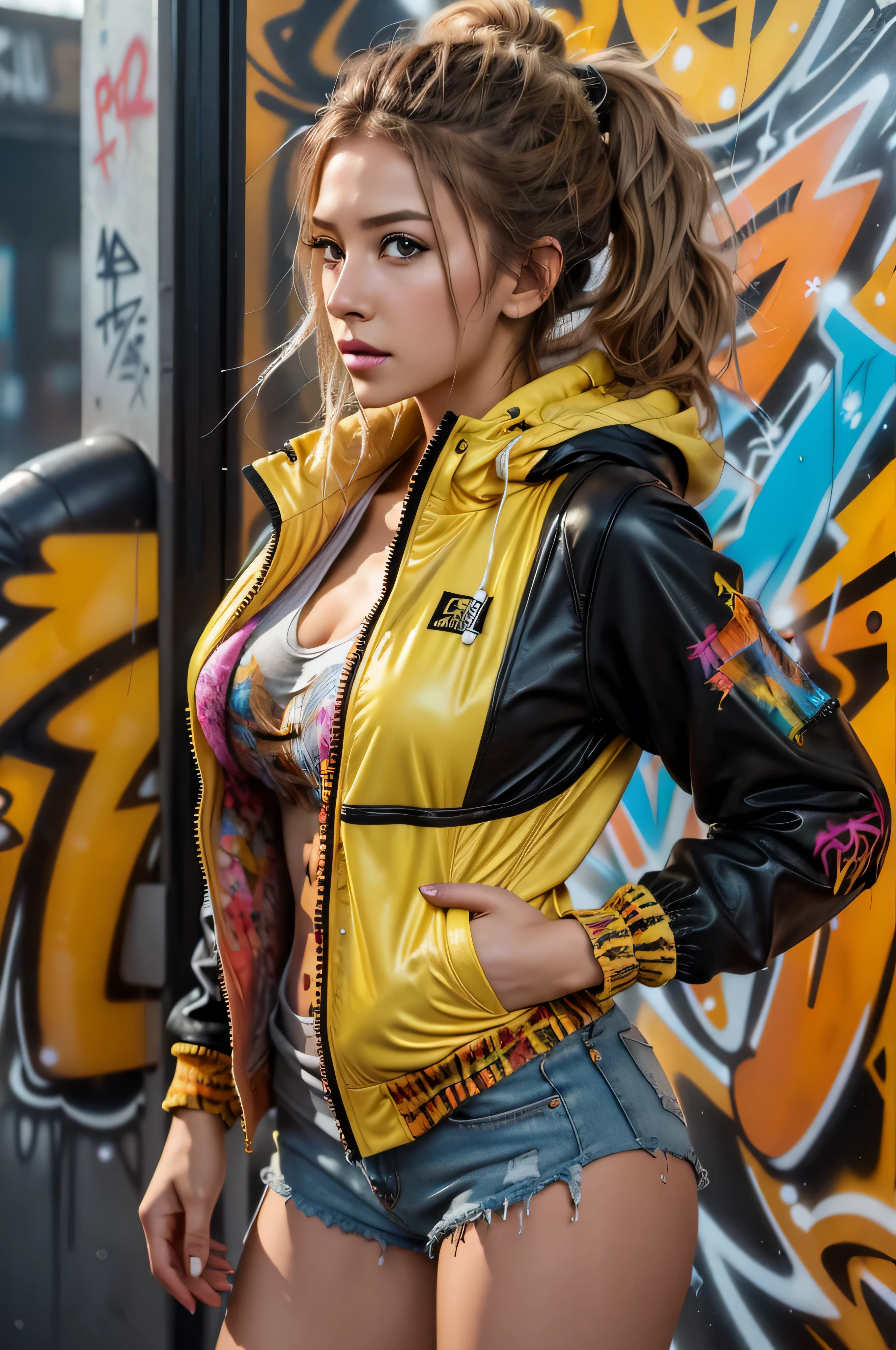 (8k, ARTISTIC photography, best quality, masterpiece: 1.2) close up, full color painting of a standing cyberpunk girl, sunglasses, platform shoes, Harajuku fashion ((yellow bubble jacket)), perfect hourglass figure,low angle view, (((Graffiti art) (by Carne Griffiths))), dark grey wall background, insane details, intricate details, hyperdetailed, soft cinematic light, dim colors, exposure blend, hdr, front, Watercolor, trending on artstation, sharp focus, studio photo, intricate details, highly detailed, by greg rutkowski