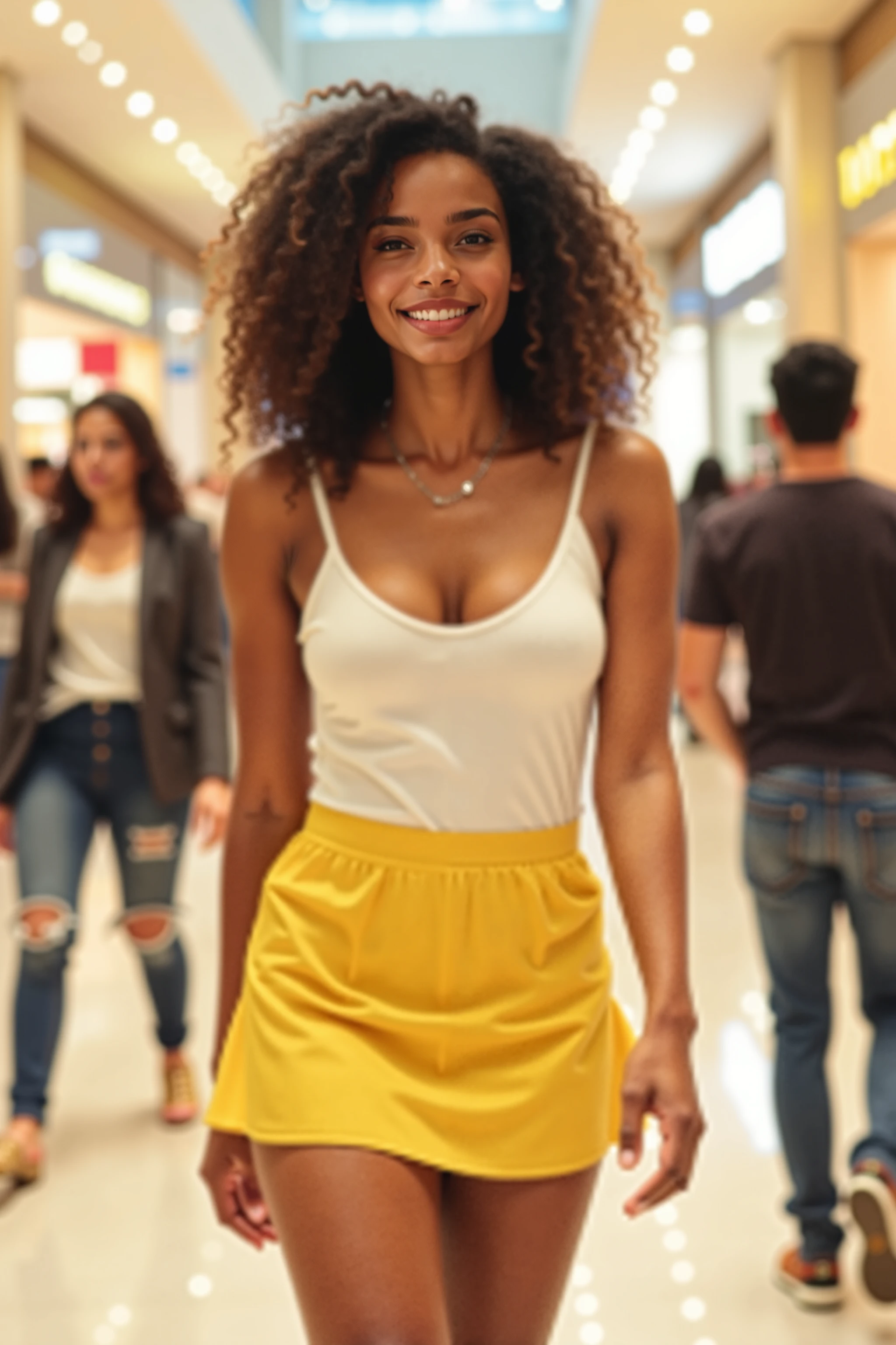 age girl with light skin, light brown, wavy hair, blue jeans, orange blouse, smiling, in a shopping plaza.