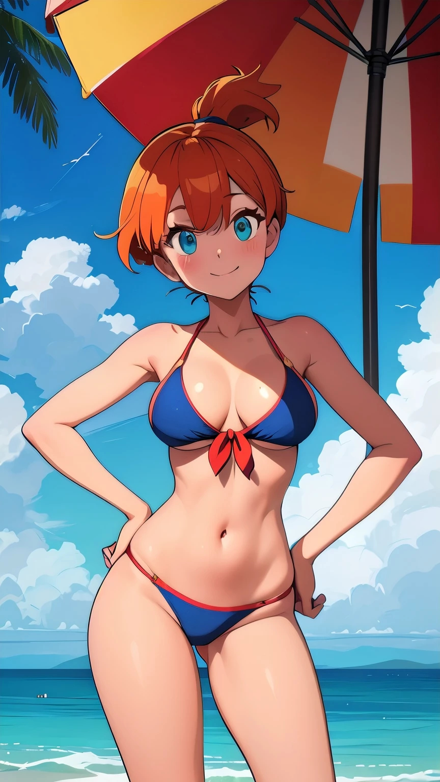 (masterpiece, ultra-detailed, best quality, sharp focus, 8k resolution, perfect anatomy, perfect face, detailed face, detailed eyes), Misty from Pokémon reimagined in anime style, standing confidently on a tropical beach with crystal-clear turquoise water and golden sands. Her vibrant orange hair is styled in a loose, messy ponytail, strands flowing gently in the ocean breeze. She wears an ultra-sexy, bright red bikini with gold accents, the top tied in a halter style, and the bottoms featuring side-tie strings, sitting low on her hips. Her toned, sun-kissed skin glistens under the warm sunlight. Misty's playful smile reveals her confidence, a hint of mischief in her sparkling blue eyes. A light blush graces her cheeks, complementing her alluring pose, one hand on her hip and the other holding a wide-brimmed straw hat. In the background, lush tropical palm trees sway, and a colorful beach towel and sun umbrella are visible nearby. The scene captures a lively, exotic summer atmosphere, with soft shadows and vivid colors enhancing every detail.