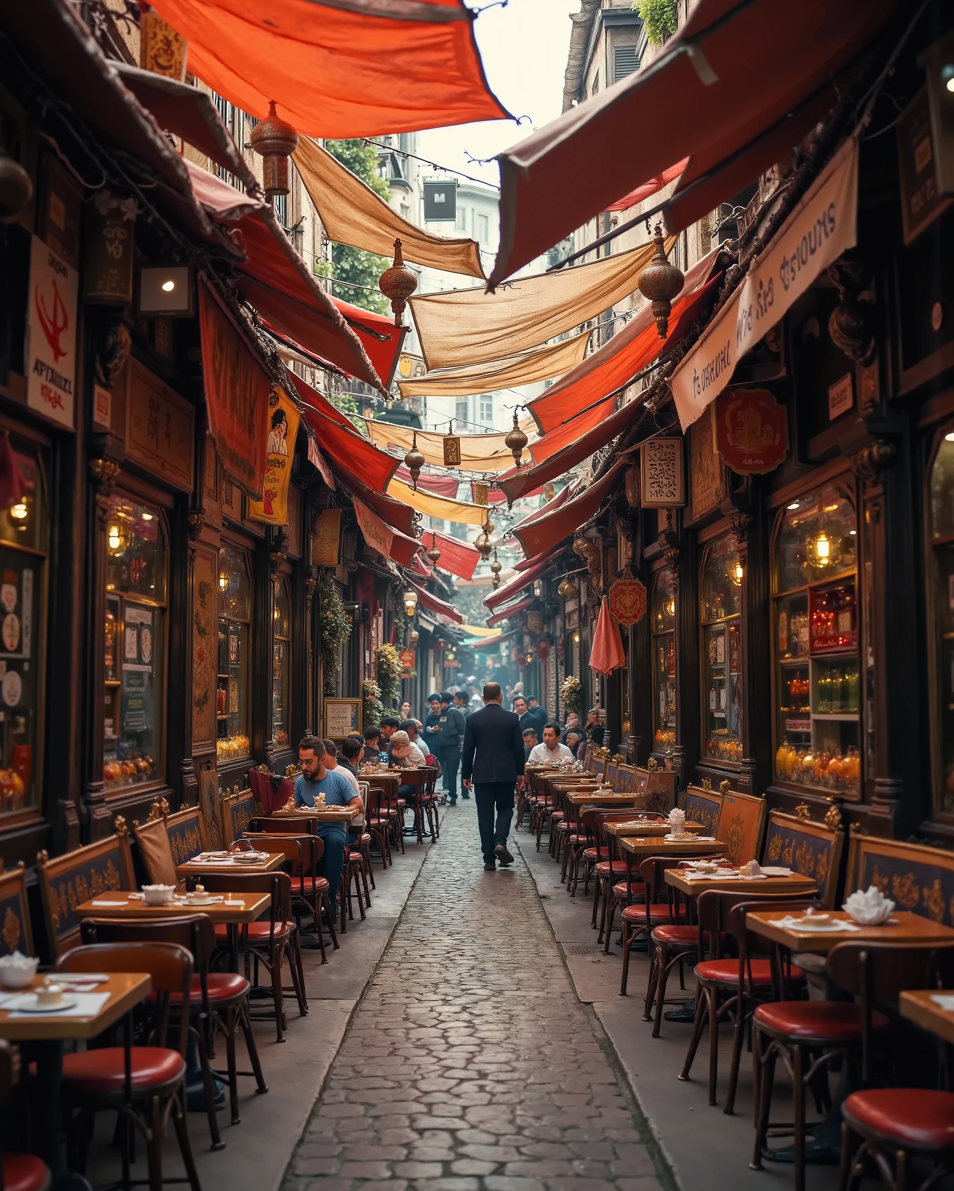 Photorealistic, ultra detailed, a narrow steet, street is closed by tarpaulin, ornaments are waving above, authentic, represents muslim culture, there are Traditional Ottoman cafes and chairs and tables at the sides, tourists roaming the street, crowded, photorealistic, detailed colours, ray tracing, volumetric lighting,