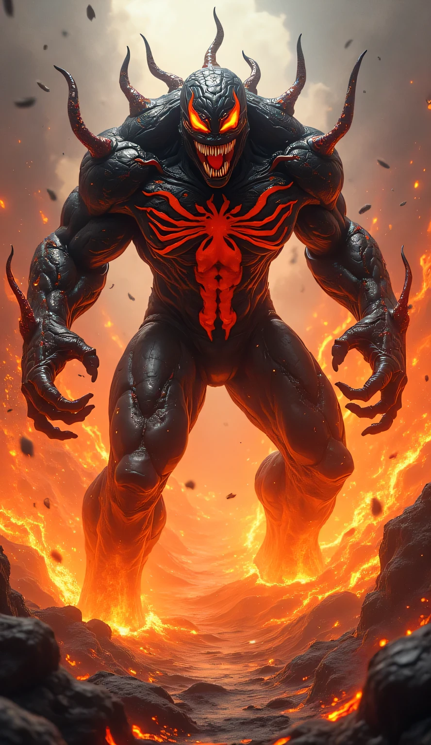 "Design a fearsome hybrid creature that combines the chaotic, dark essence of Venom with the molten power of a Lava Titan. This character should have a massive, muscular build that reflects Venom's strength while incorporating the fiery, molten features characteristic of a Lava Titan, such as flowing lava-like textures and glowing cracks across its body.
The head should feature an aggressive expression, merging Venom's menacing grin and sharp teeth with molten rock elements, creating a visage that radiates both fury and heat. The eyes should blaze with an intense orange or red glow, symbolizing the creature's fiery nature.
Depict the creature in an aggressive stance, ready to unleash its powers, with one massive hand raised to release dark tendrils of symbiote energy while the other is poised to hurl a molten boulder or blast a wave of lava. Surround it with a chaotic environment filled with erupting magma, swirling smoke, and volcanic debris, highlighting its dominance as a formidable force. The overall atmosphere should convey raw power and relentless aggression, showcasing this hybrid as an unstoppable entity capable of overwhelming any opponent in its path."