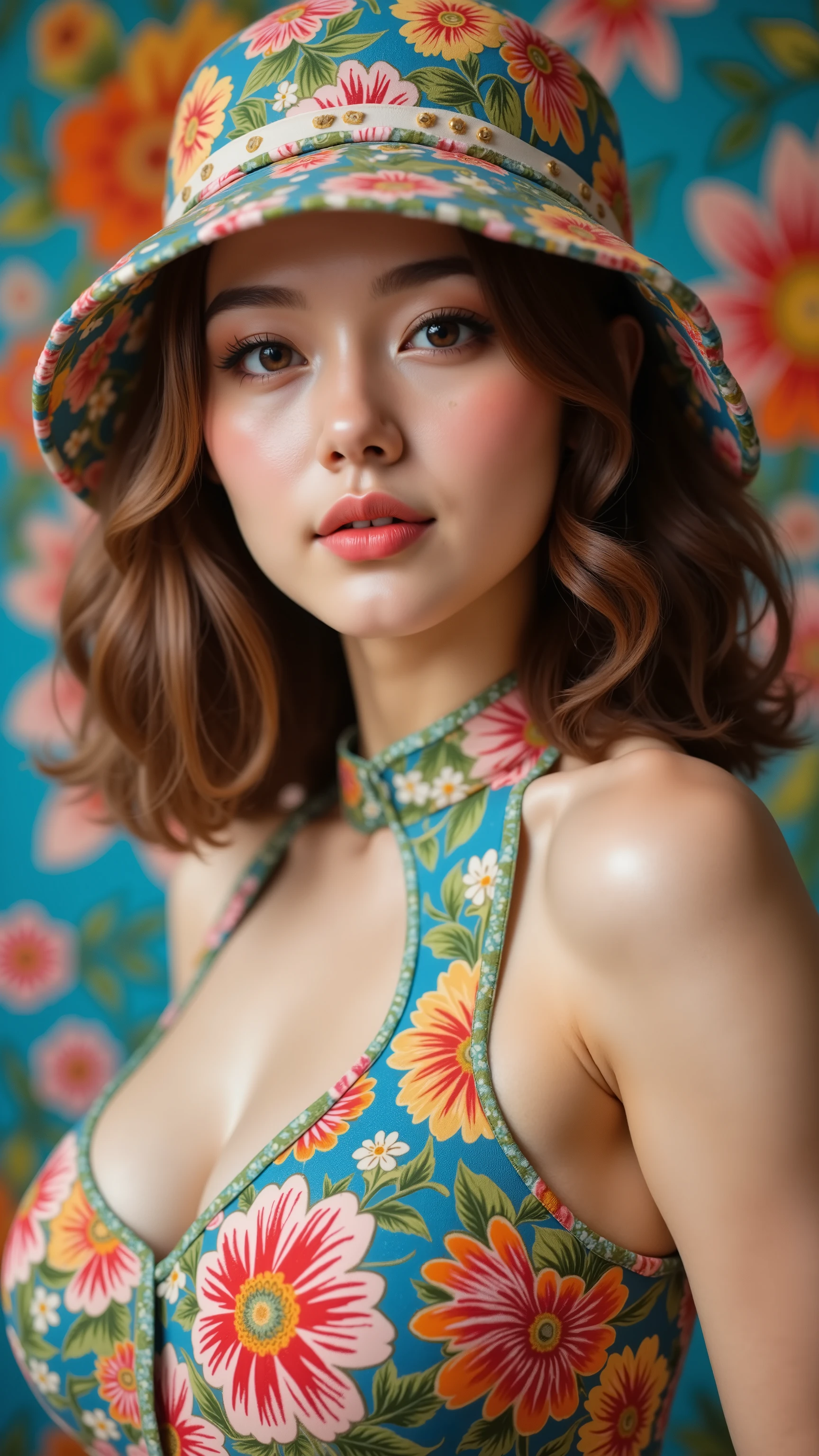 32k, Masterpiece, top quality, ( Korea's Beautiful Woman) close-up, Vibrant floral fashion,  colorful 1960s mod style, floral bucket hat, bold floral dress, cut-out shoulders, high collar, striking makeup, blue floral backdrop, retro color palette, detailed fabric textures, eye-catching patterns, painterly aesthetic, fashion editorial, ornate and psychedelic, soft focus, warm tones
