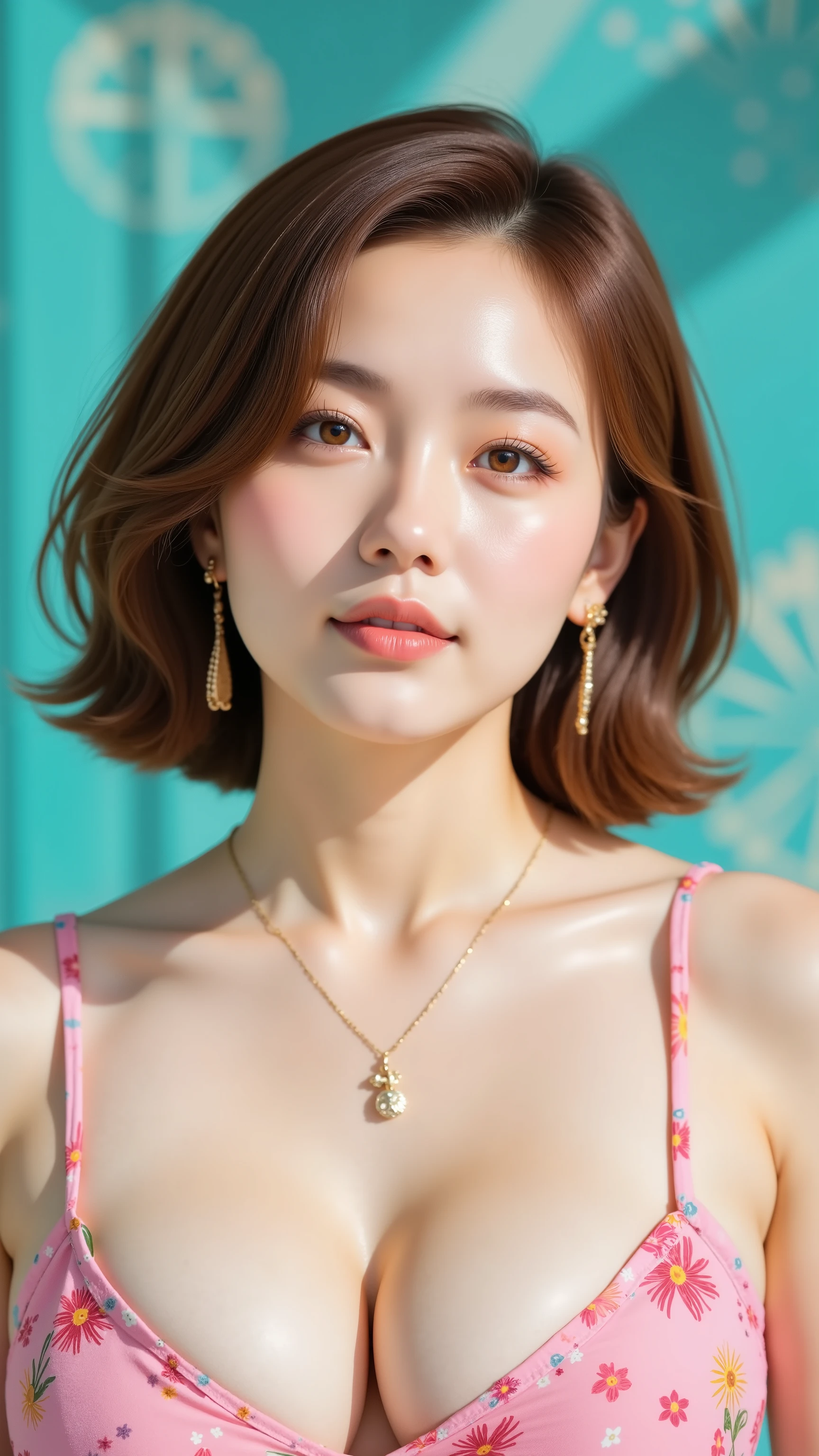 32k, Masterpiece, top quality, ( Korea's Beautiful Woman) Vibrant, short wavy brown hair, floral pink sundress, gold jewelry, dangling earrings, bright teal background, colorful stripes, polka dots, starburst pattern, soft lighting, fashion photography, summer vibes, retro-modern aesthetic, high contrast colors, detailed skin texture, serene expression