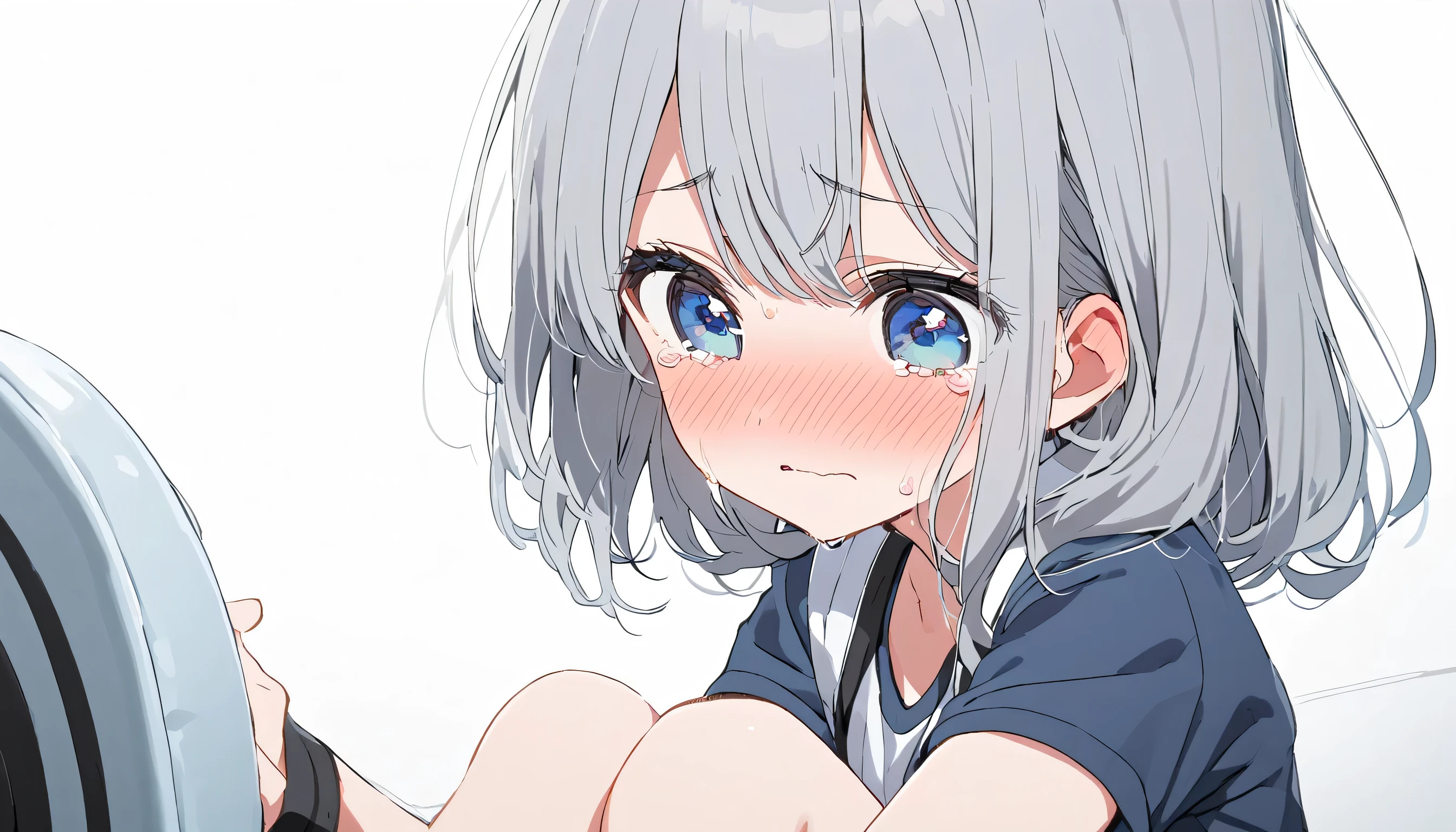 one girl, school blazer, short hair, high school student, hair clip, hair accessory, cool, boyish, silver hair, beautiful girl, open mouth, drool, necktie, light blue eyes, stare at me, aphrodisiac, sexy face, bedroom, naive, be caressed, blush, ecstatic face, upperbody focus, model like style, from above, wariza, small breasts, shy