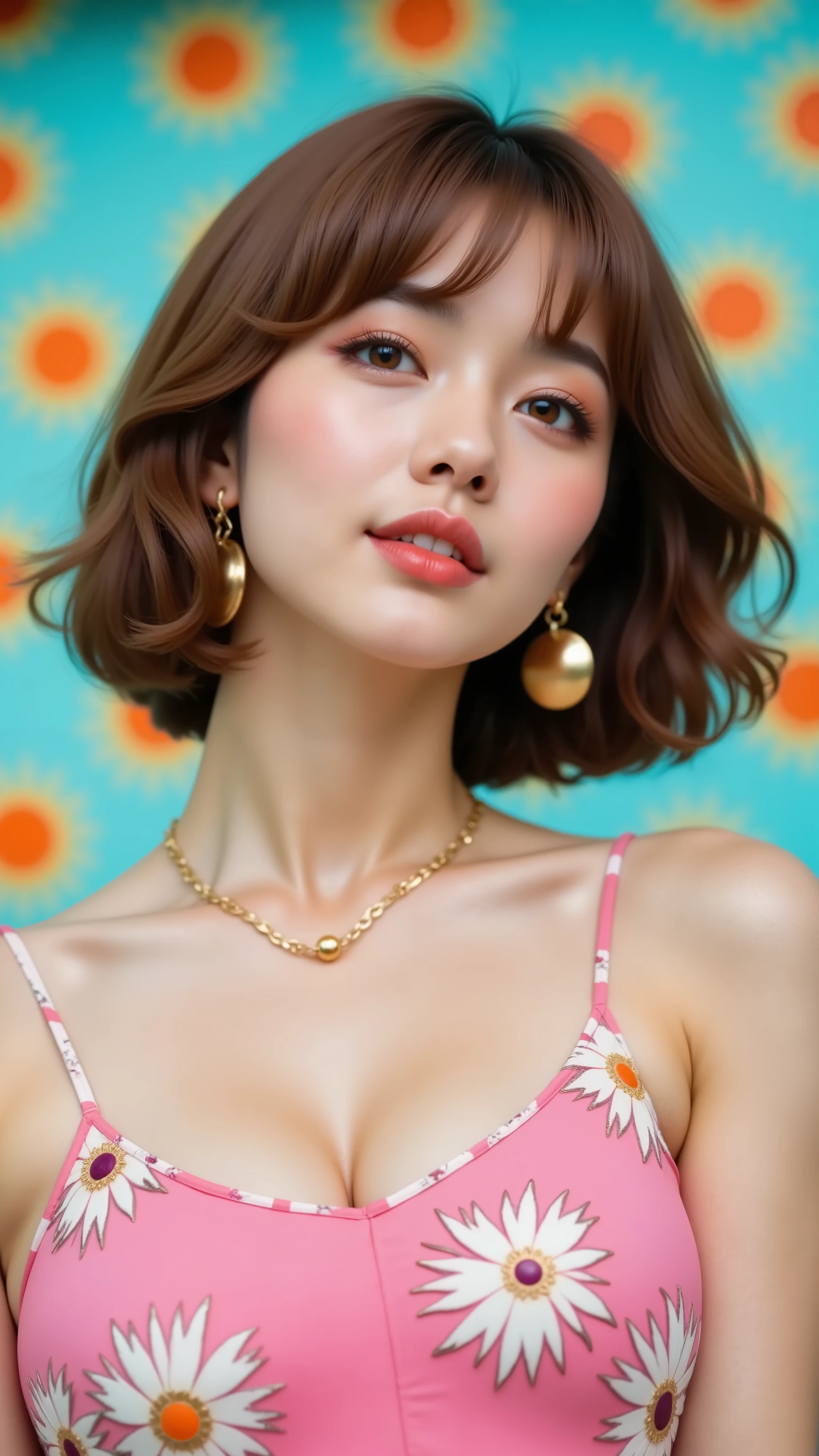 32k, Masterpiece, top quality, ( Korea's Beautiful Woman) close-up, from below, Low-angle, Vibrant, pink floral dress, short wavy brown hair, bold earrings, gold necklace, turquoise background with colorful patterns, sun motif, vivid colors, fashion photography, soft lighting, summer mood, retro-modern aesthetic, detailed facial features, elegant pose, high contrast, sharp focus