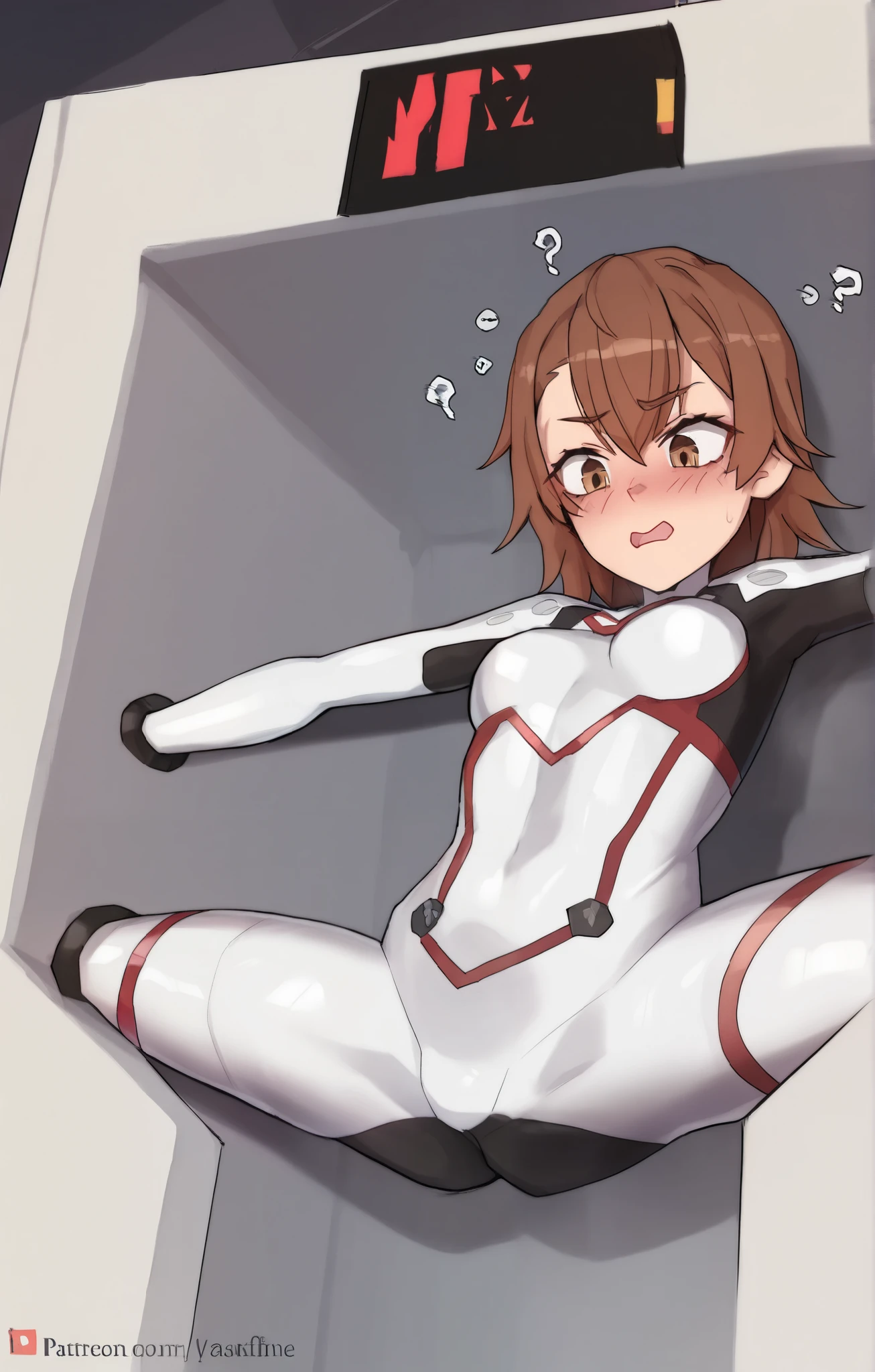 (detailed masterpiece, sharp):1.3, best quality, (detailed Mikoto misaka. A Certain Scientific Railgun):1. girl (Small breasts, whole body:1.2, face:1.2, blush, confused):1.3, (best quality, skin tight bodysuit):1.2, detailed (stationary restraints, wide spread legs, spread arms, through wall, held in air):1.4 artist (asphyxiation, yakovlev-vad, maefeline):1.3