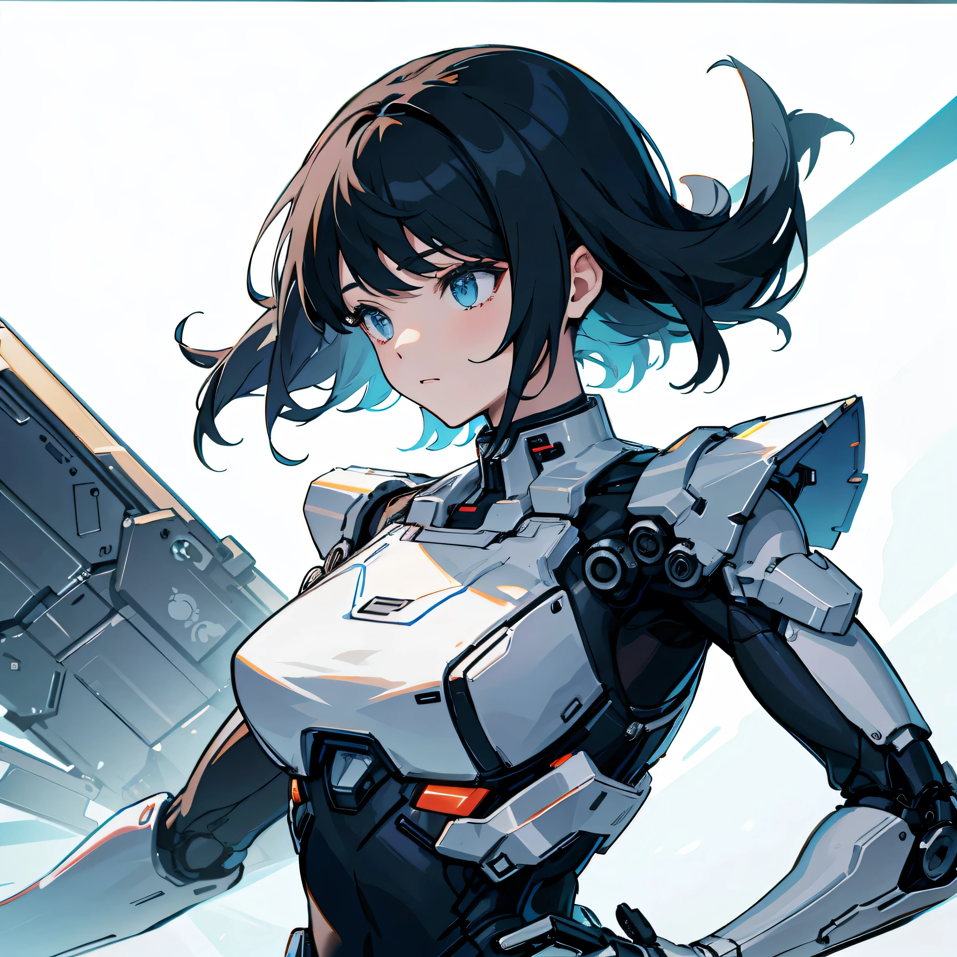cute girl, her eyes are white, her hair is short black, she has iron hands, and she has an iron rectangle in her chest, She wears a women's bra, Almost naked girl, very white her eyes