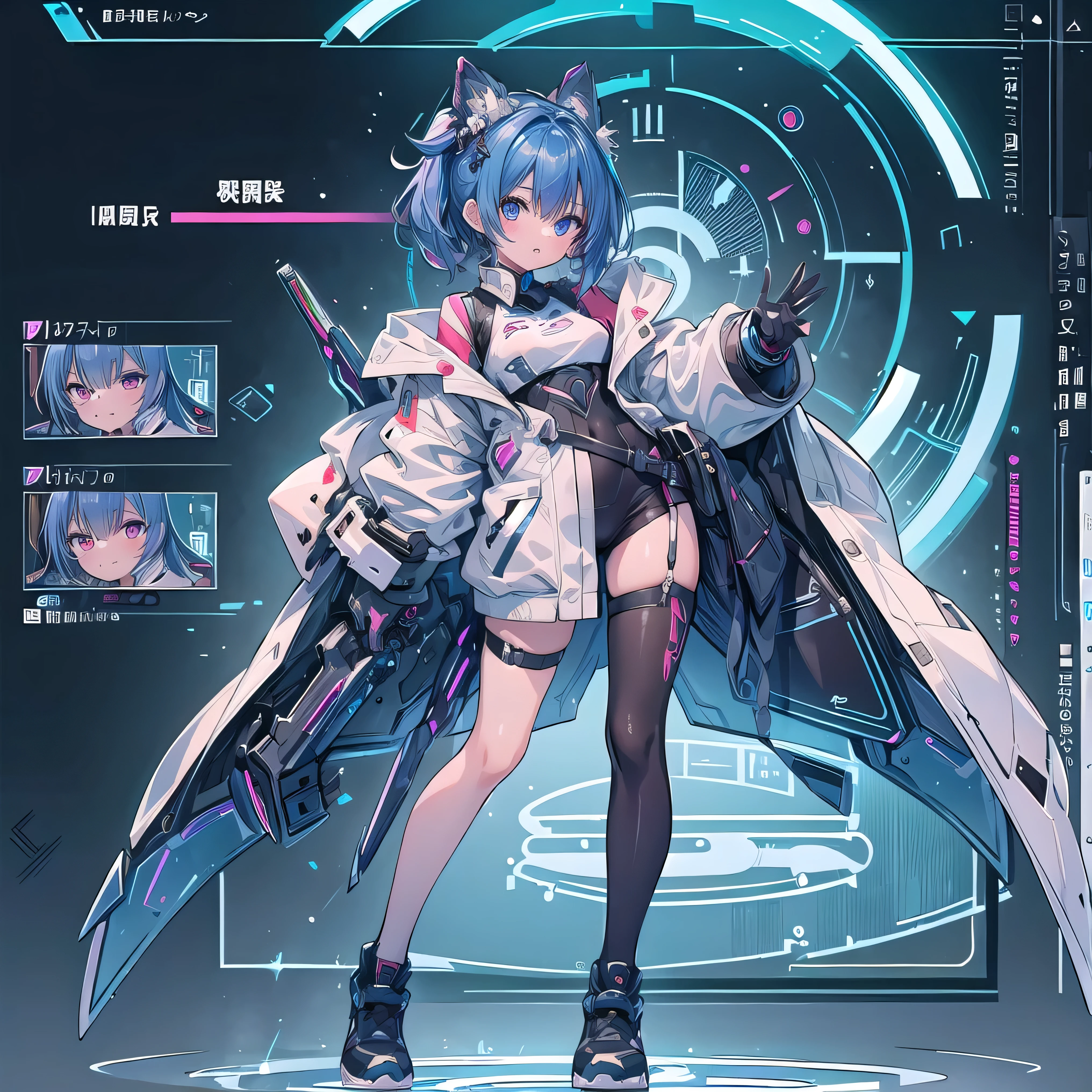 (((Masterpiece, best quality , high detail , 16k))) ( 1 Girl) slim, short, 。 disheveled blue hair and 、 she is loosely worn in a tech suit . 。 her facial expression teeth 、 it's a mixture of excitement and slight embarrassment , is cute , under 。 her clumsy charm of handling futuristic devices . so despite being a scientific genius , 。 awkward attitude teeth 、 makes her even more adorable . beautiful young scientist 。Her Teeth、Sophisticated, cutting-edge white coat , 。 sophisticated armor and stylish and practical We are fusing designs. 。 teeth in suit 、 blue rays run along her arms and legs , 。 suggests hidden techniques that enhance her abilities . 。 white white coat teeth her , teeth、 is always restless 、 almost falling . , tool, and holographic screen float around her as she struggles to keep things under control. 。 environmental teeth surrounding her teeth、 it's a high-tech laboratory filled with advanced technology , screen, and laboratory equipment , teeth、 reflects her brilliance despite her clumsiness . ((Full body front view)), ( very detailed on trends:1.5), (Advanced armor, futuristic gadget , cute and clumsy expression )