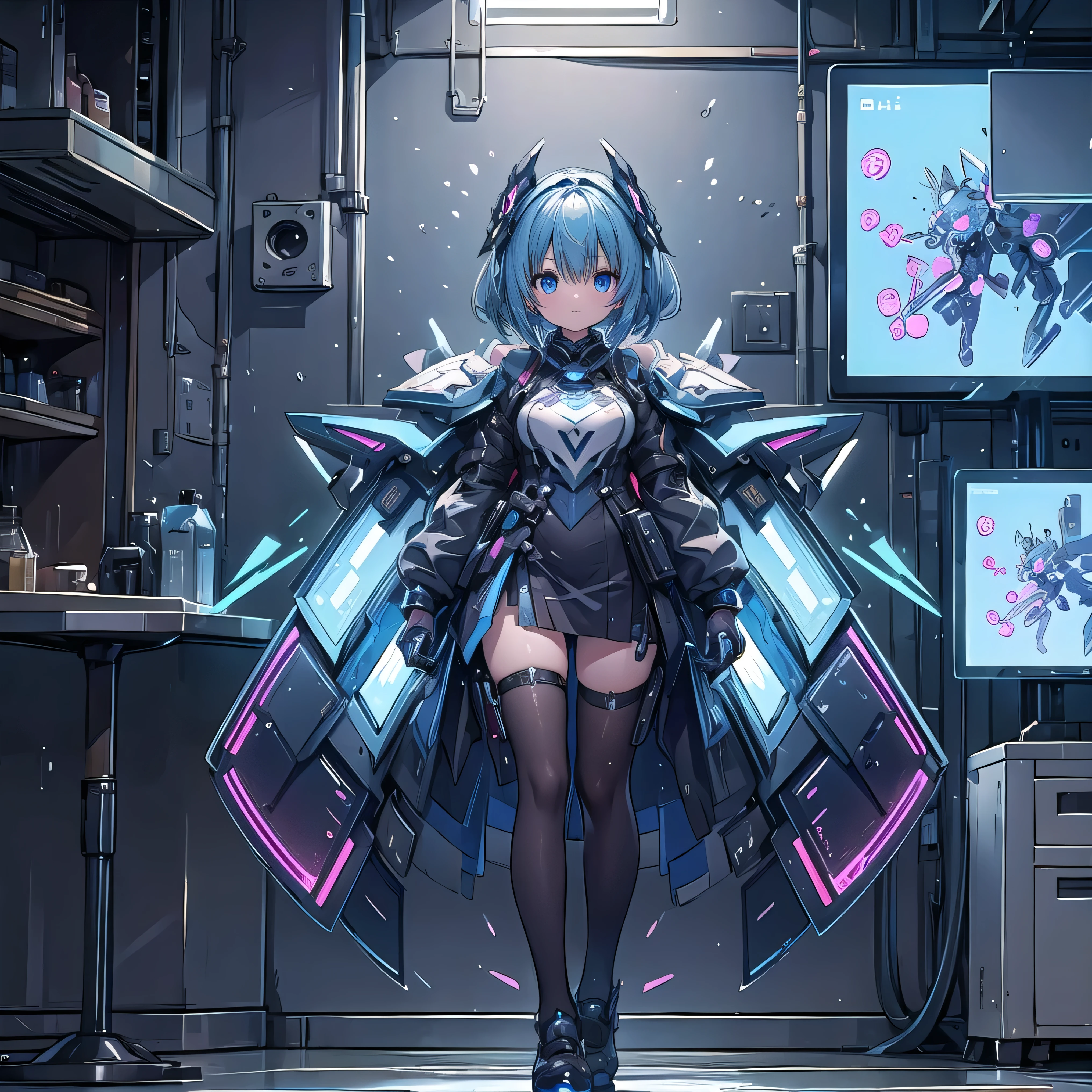 (((Masterpiece, best quality , high detail , 16k))) ( 1 Girl) slim, short, 。 disheveled blue hair and 、 she is loosely worn in a tech suit . 。 her facial expression teeth 、 it's a mixture of excitement and slight embarrassment , is cute , under 。 her clumsy charm of handling futuristic devices . so despite being a scientific genius , 。 awkward attitude teeth 、 makes her even more adorable . beautiful young scientist 。Her Teeth、Sophisticated, cutting-edge white coat , 。 sophisticated armor and stylish and practical We are fusing designs. 。 teeth in suit 、 blue rays run along her arms and legs , 。 suggests hidden techniques that enhance her abilities . 。 white white coat teeth her , teeth、 is always restless 、 almost falling . , tool, and holographic screen float around her as she struggles to keep things under control. 。 environmental teeth surrounding her teeth、 it's a high-tech laboratory filled with advanced technology , screen, and laboratory equipment , teeth、 reflects her brilliance despite her clumsiness . ((Full body front view)), ( very detailed on trends:1.5), (Advanced armor, futuristic gadget , cute and clumsy expression )
