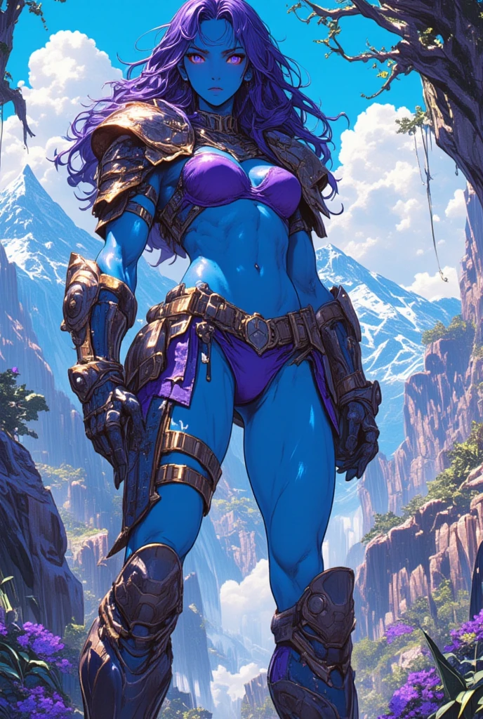 a female warrior with blue skin and purple hair. wearing purple bikini armor with an armored collar and shoulder pads, embellished with gold trim. She has narrow lavender colored eyes. Her figure is strong and curvy, with wide hips and large breasts. Show her standing on a battle field, blood spattered on her face, serious expression, feet wide spread, solid fighting stance, holding an axe. use a dramatic comic book style richly detailed inspired by masters of the universe