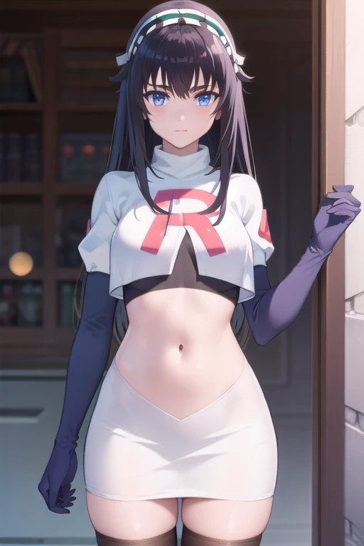 ((masterpiece, high quality, best quality, highres)):1.2, looking at viewer, cowboy shot,
team rocket,team rocket uniform, red letter R, white skirt,white crop top,black thigh-highs, black elbow gloves,