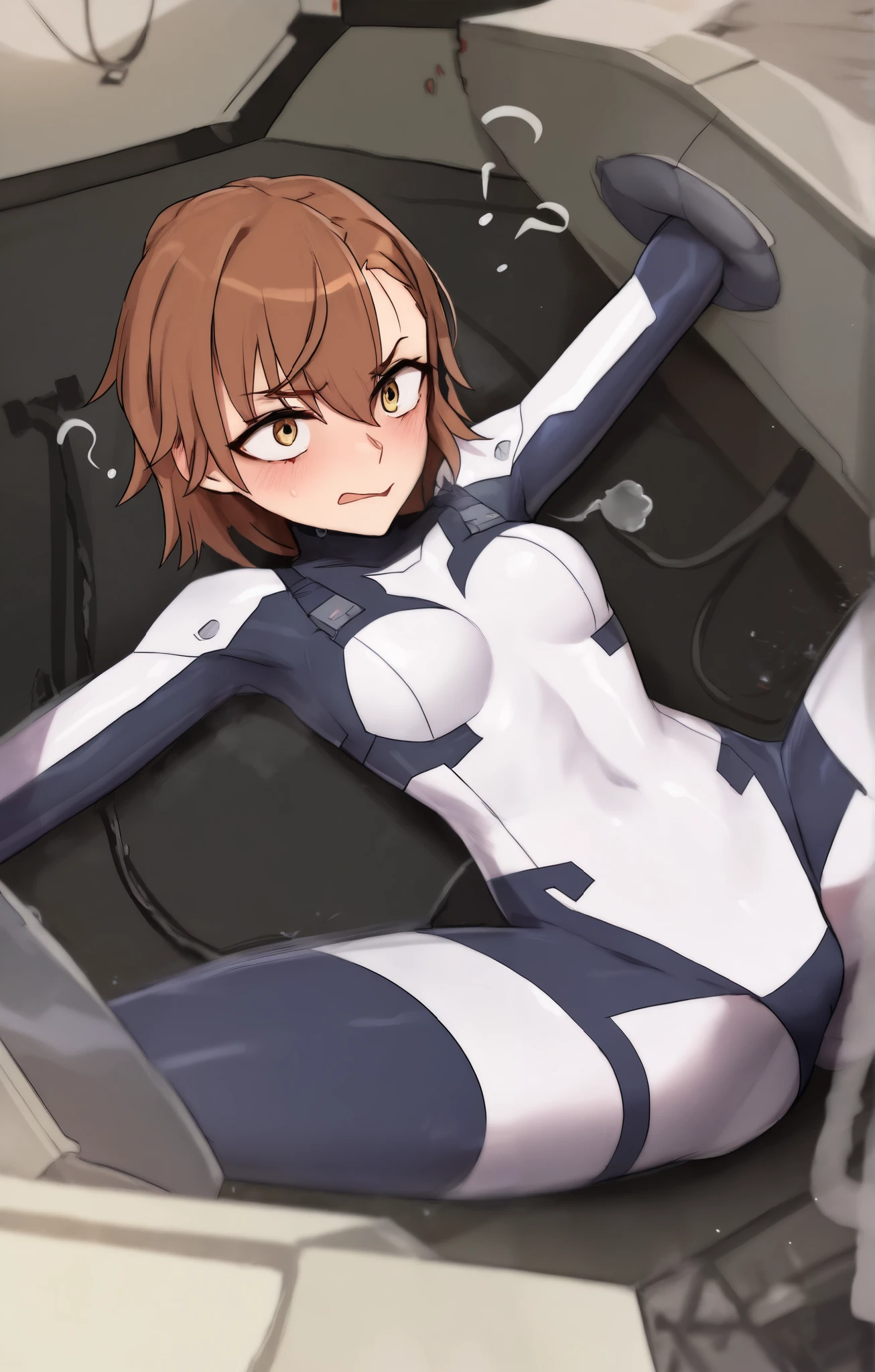 (detailed masterpiece, sharp):1.3, best quality, (detailed Mikoto misaka. A Certain Scientific Railgun):1.3, girl (Small breasts, whole body, face:1.2, flushed, confused):1.3, (best quality, skin tight bodysuit):1.2, detailed (stationary restraints, wide spread legs, spread arms, through wall, held in air):1.4 artist (asphyxiation, yakovlev-vad, maefeline):1.3