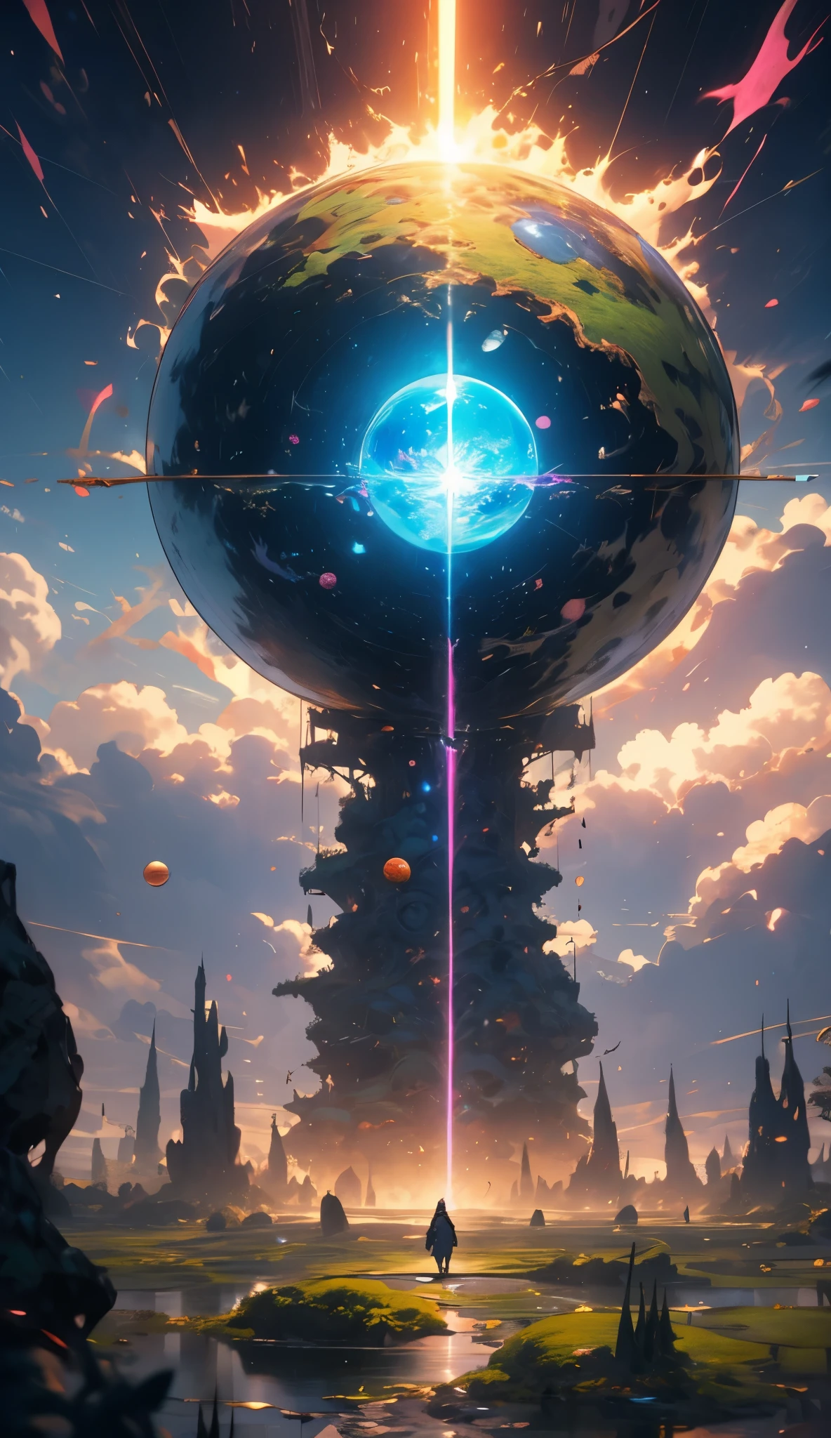 (((masterpiece))) (((best quality))) glass sphere, close-up of a planet with a bunch of trees on it, overgrown planet, green planet, fractal world, fantasy overgrown world, fantasy planet, Dyson sphere, pink planet, 3D render beeple, planetary landscape, round planet inspired by Jofra Bosschart, planet, futuristic world, psychedelic flower planets, ethereal world, (outgoing glow)