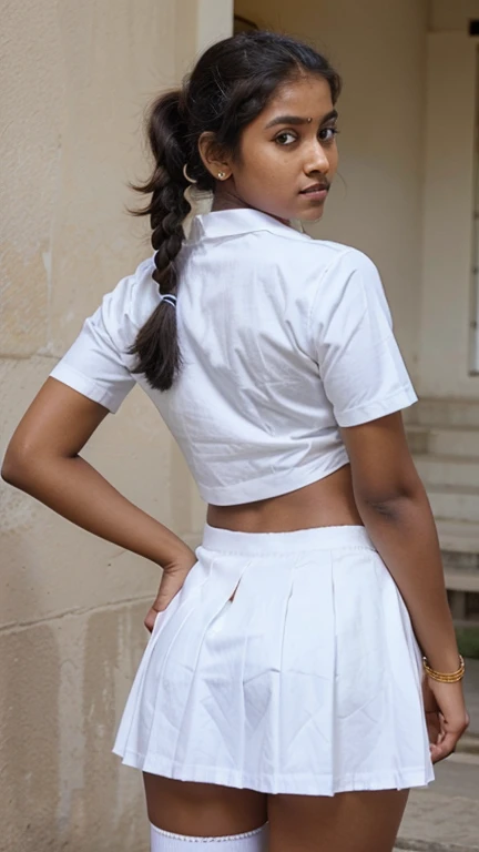 peruvian woman about 18 years old, natural 36dd breasts, wearing a white polo shirt and a short pleated skirt. seen from behind.