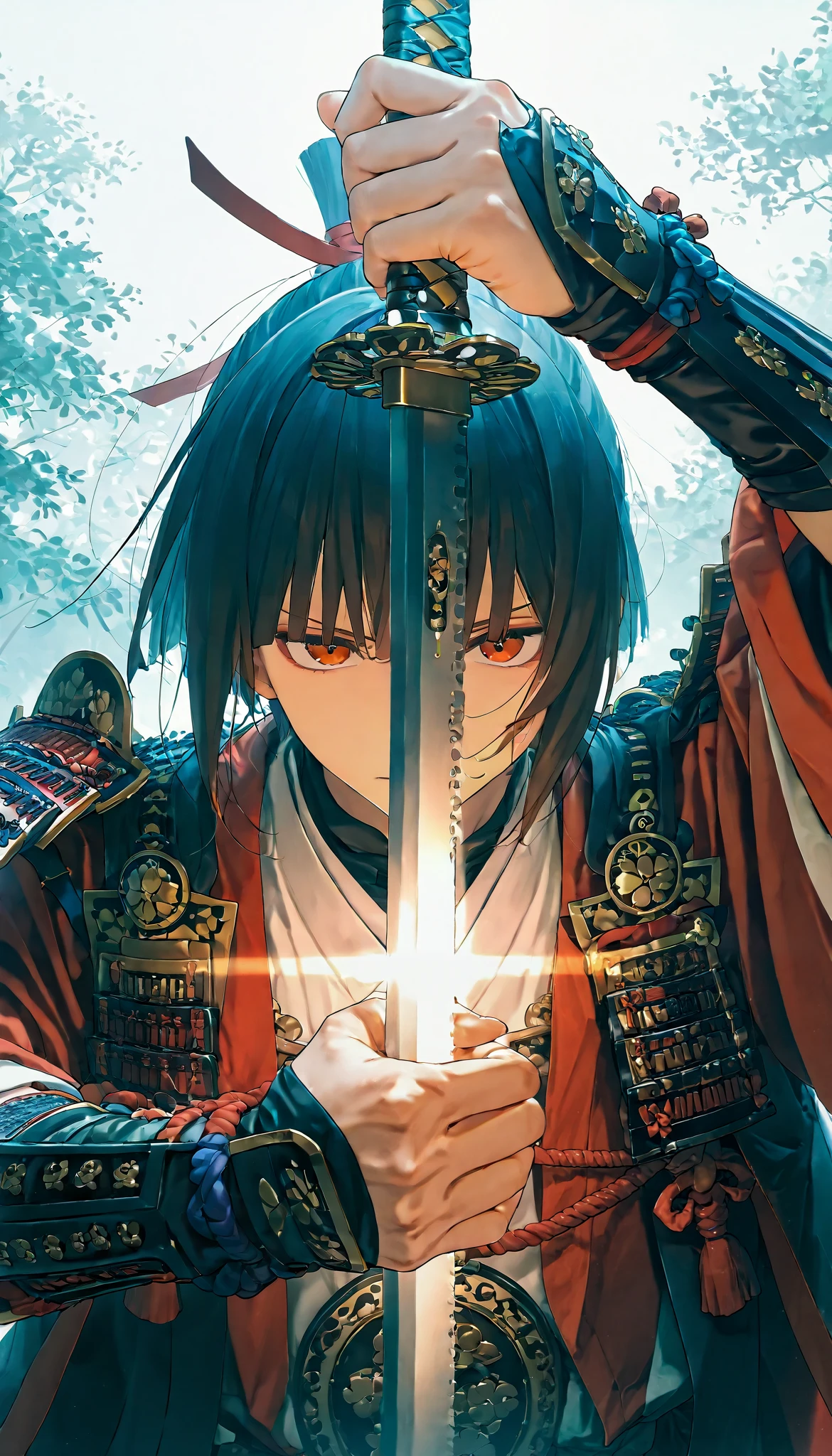 Close-up of a sword wielded by a samurai , face out of focus, Detailed sword with edge and ornament., sword held in one hand, Image taken from below reflecting the light of the metal sword.
