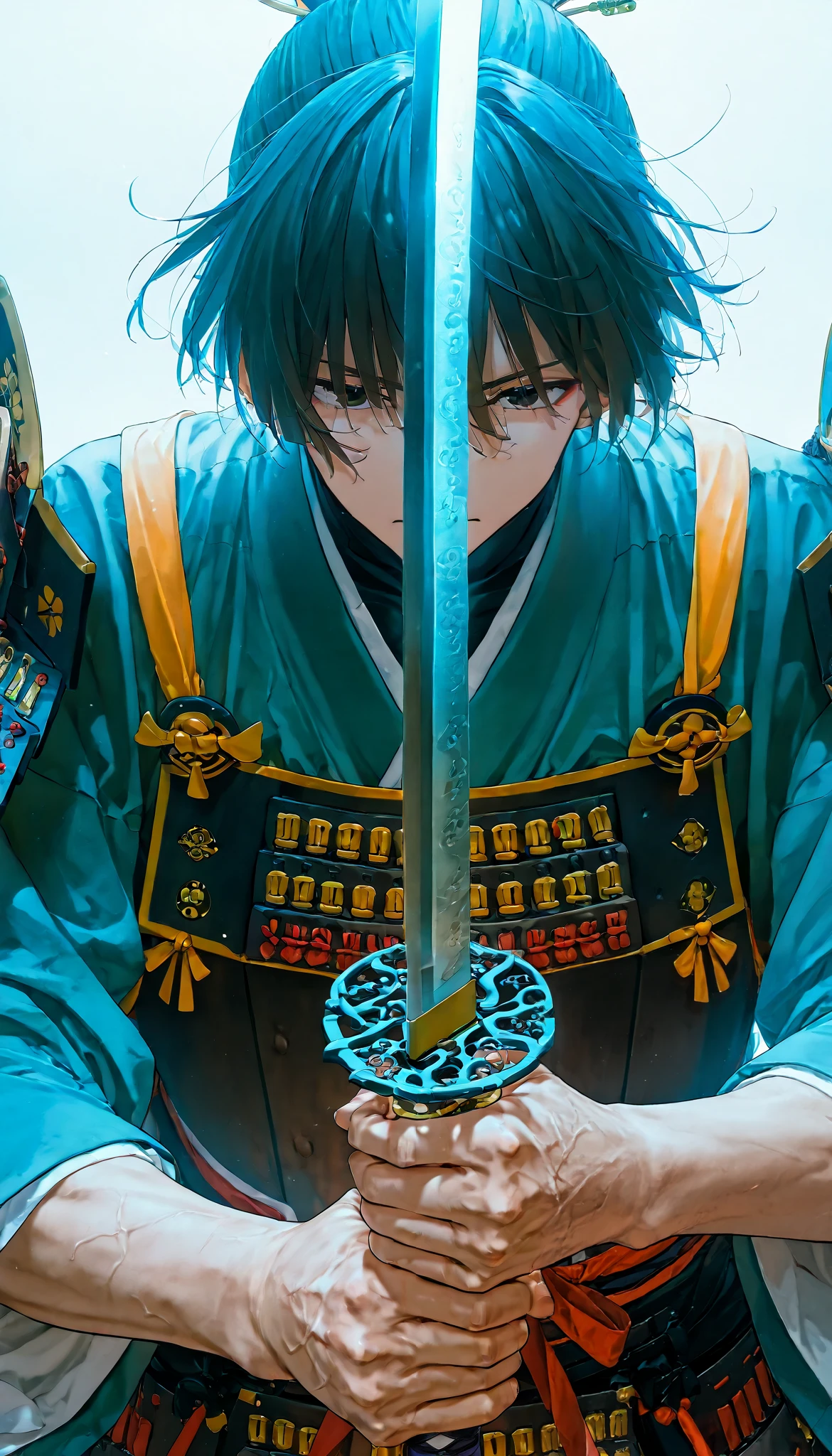 Close-up of a sword wielded by a samurai , face out of focus, Detailed sword with edge and ornament., sword held in one hand, Image taken from below reflecting the light of the metal sword.
