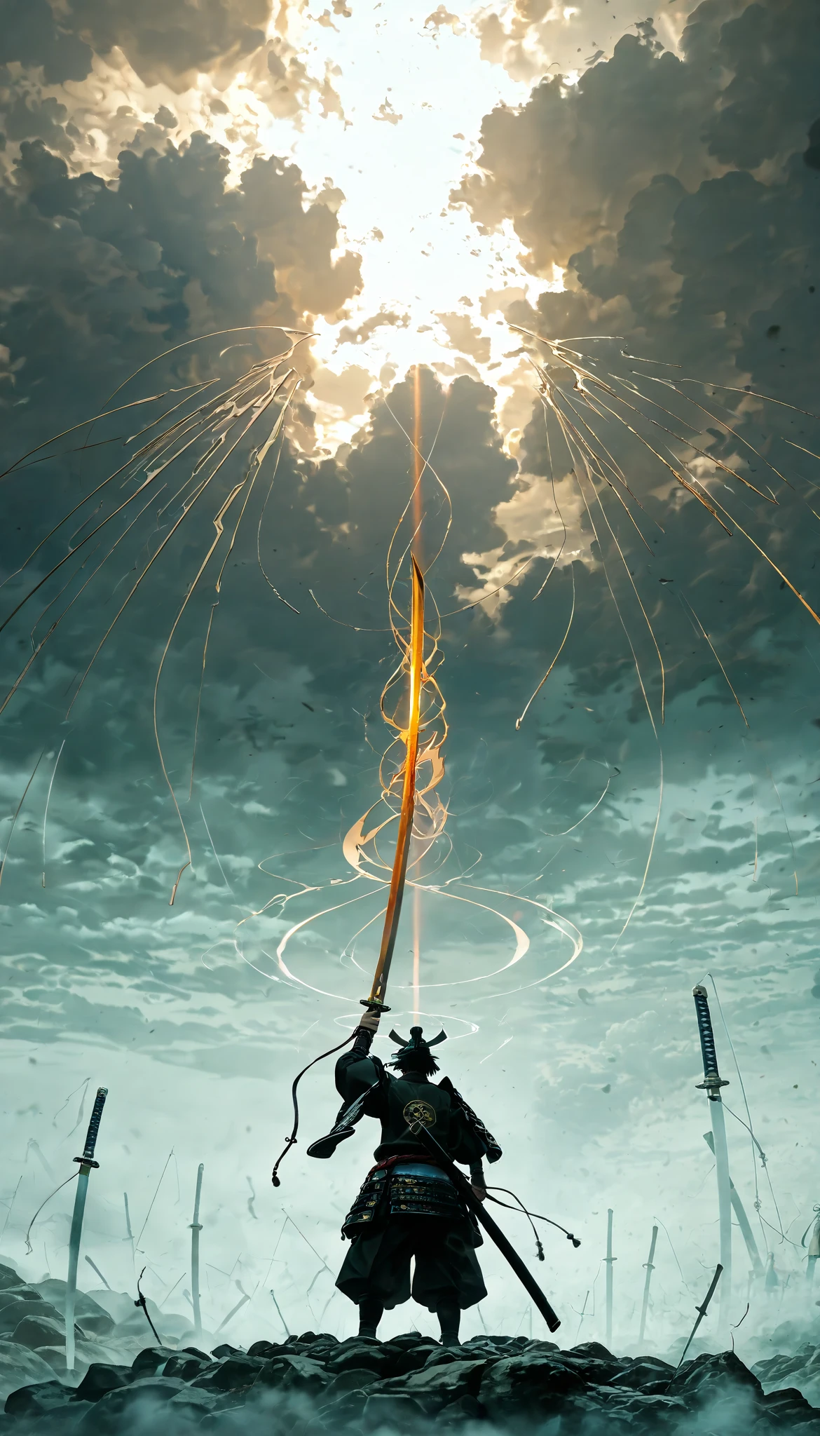 Close-up of a sword wielded by a samurai , face out of focus, Detailed sword with edge and ornament., sword held in one hand,  Image taken from below reflecting the light of the metal sword. masterpiece,  envelopes, huge weapon, weapon over shoulder,cloudy,  darkness, contrast,  Concept art installation ,  ultra Detailed ,  absolutely resolution ,  envelopes, 2.5D,  Delicate and dynamic effects ,  fog filter effects , Artistic, hyper,  digital graphic art CG 