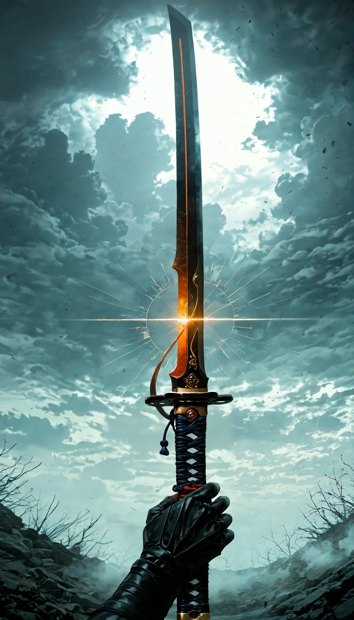 Close-up of a sword wielded by a samurai , face out of focus, Detailed sword with edge and ornament., sword held in one hand,  Image taken from below reflecting the light of the metal sword. masterpiece,  envelopes, huge weapon, weapon over shoulder,cloudy,  darkness, contrast,  Concept art installation ,  ultra Detailed ,  absolutely resolution ,  envelopes, 2.5D,  Delicate and dynamic effects ,  fog filter effects , Artistic, hyper,  digital graphic art CG 