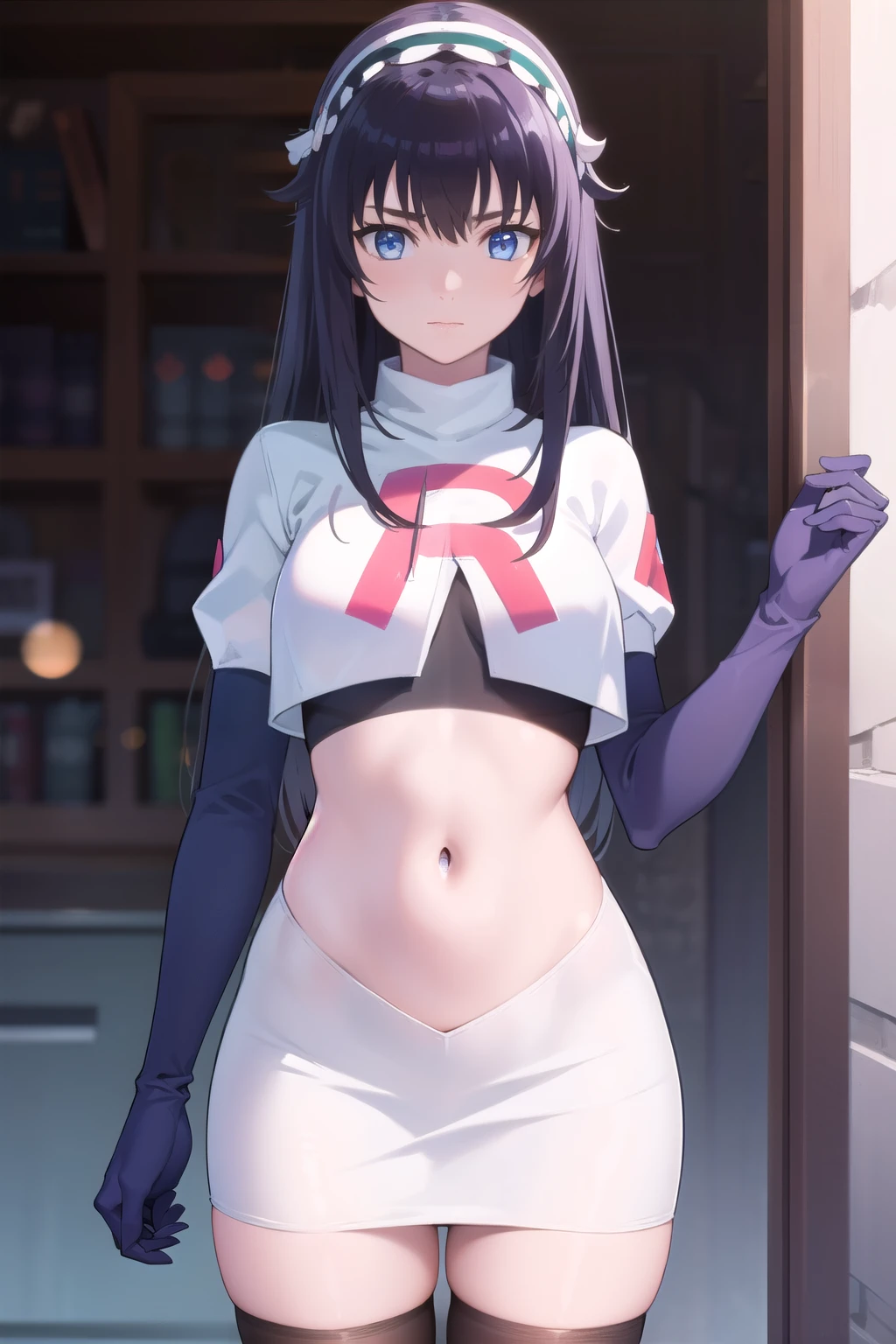bluearchiveyuuka, yuuka, blue eyes, halo, purple hair, two side up, long hair,
BREAK halo, team rocket,team rocket uniform,white skirt,red letter R,crop top,black thigh-highs,black elbow gloves
BREAK looking at viewer, 
BREAK (masterpiece:1.2), best quality, high resolution, unity 8k wallpaper, (illustration:0.8), (beautiful detailed eyes:1.6), extremely detailed face, perfect lighting, extremely detailed CG, (perfect hands, perfect anatomy),