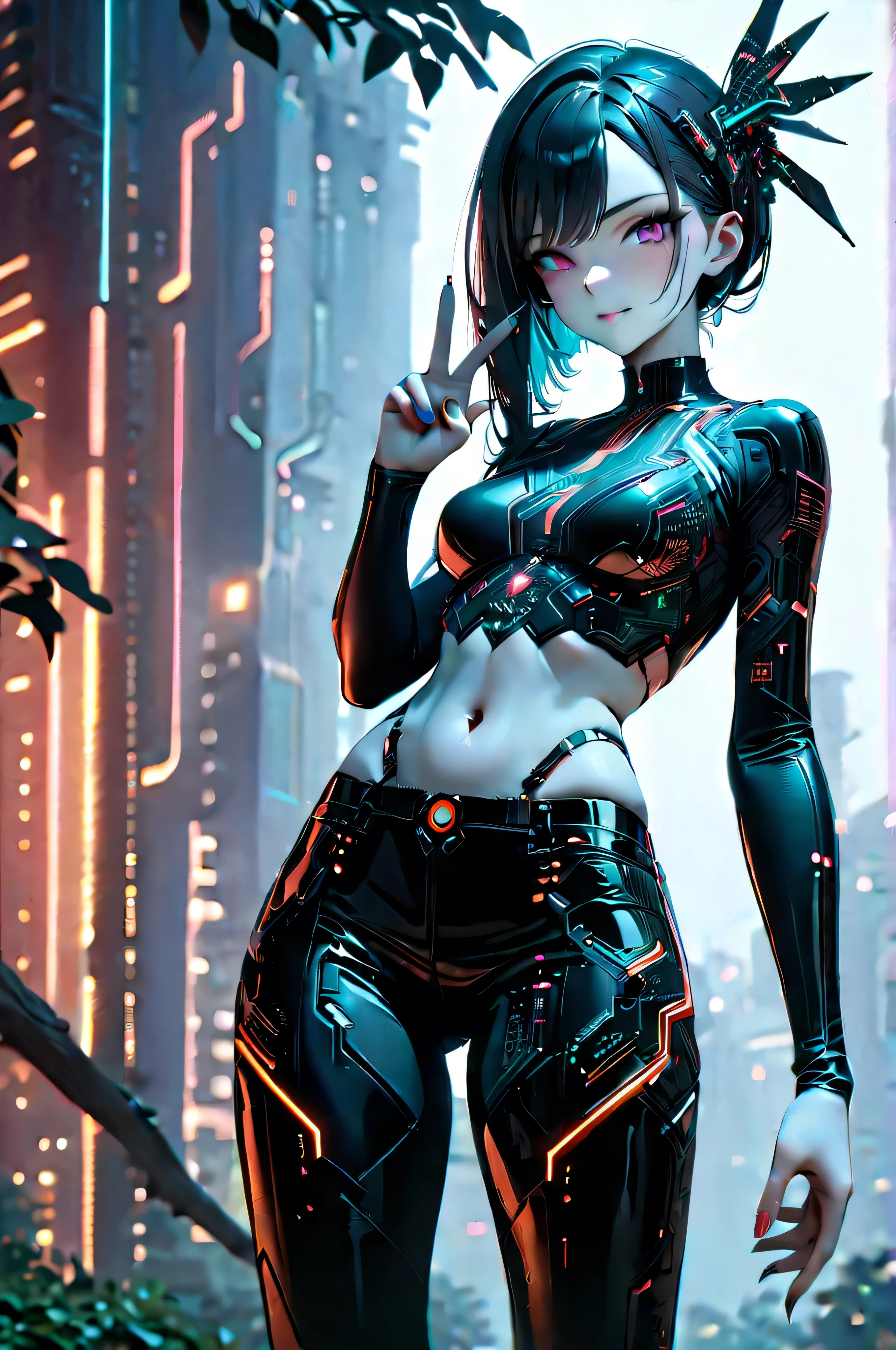 futuristic hair accessory made of circuit boards, (Delicate skin), blue-white skin, Beautiful cybernetics girl wearing a black crop top , navel tattoo , sexy futuristic cyberpunk pants , Over the branch , v, Japanese with glitter effect , cyberpunk background , sensual, Attractive, (Masterpiece:1.3), ( best quality :1.3), ( more details:1.3), 8k, Very clear