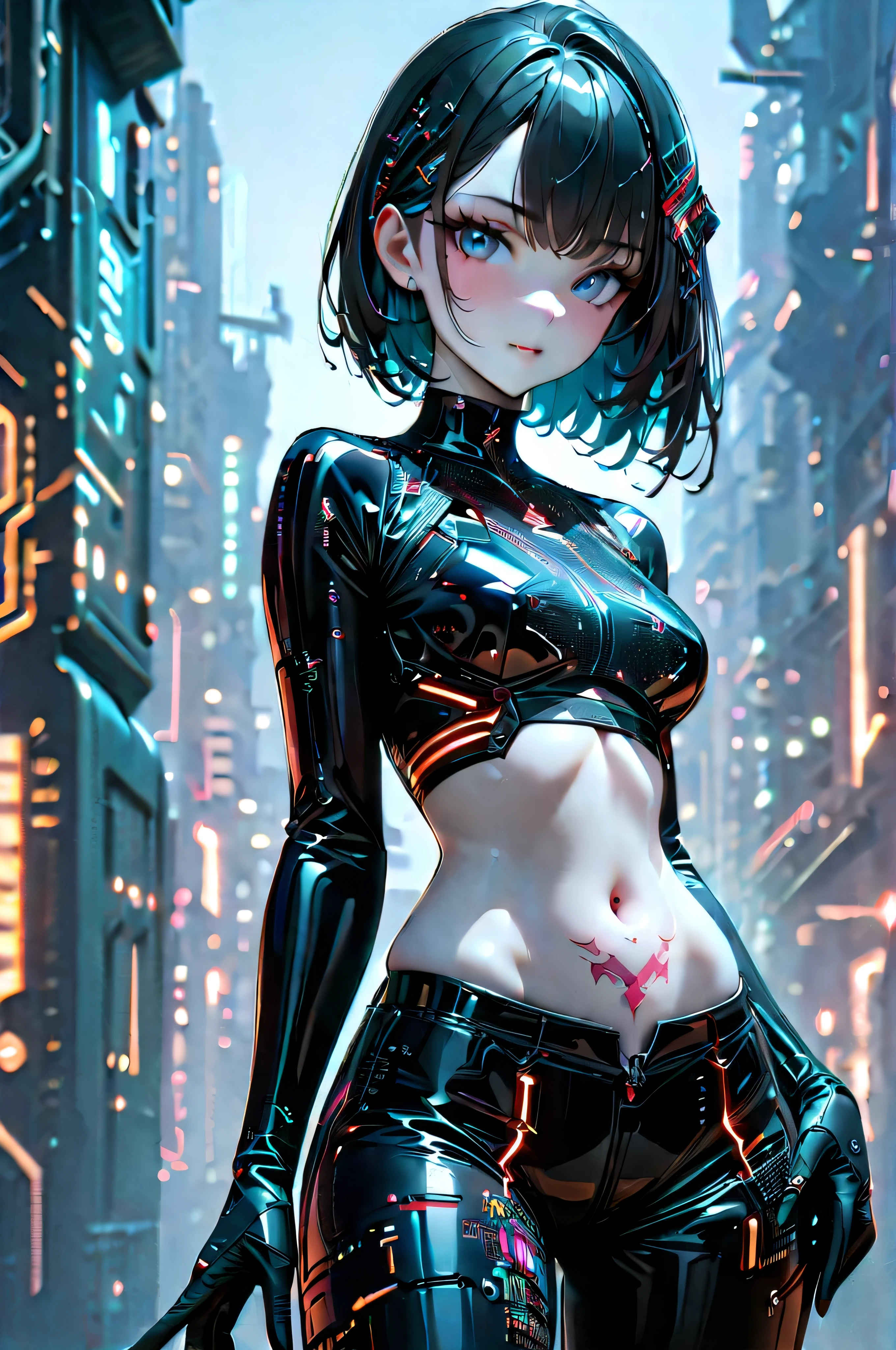 futuristic hair accessory made of circuit boards, (Delicate skin), blue-white skin, Beautiful cybernetics girl wearing a black crop top , navel tattoo , sexy futuristic cyberpunk pants , Over the branch , v, Japanese with glitter effect , cyberpunk background , sensual, Attractive, (Masterpiece:1.3), ( best quality :1.3), ( more details:1.3), 8k, Very clear