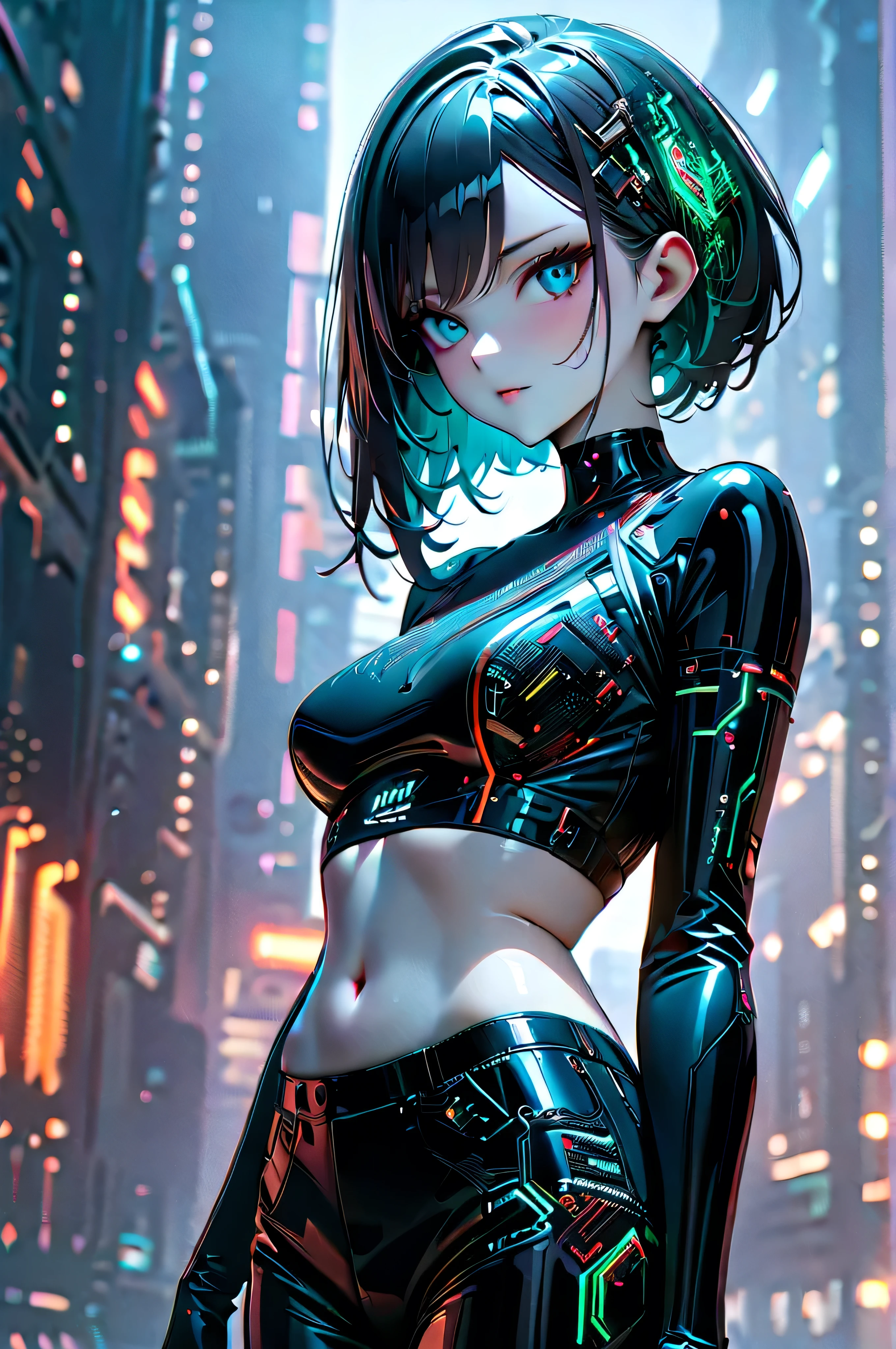 futuristic hair accessory made of circuit boards, (Delicate skin), blue-white skin, Beautiful cybernetics girl wearing a black crop top , sexy futuristic cyberpunk pants , , Japanese with glitter effect , cyberpunk background , sensual, Attractive, (Masterpiece:1.3), ( best quality :1.3), ( more details:1.3), 8k, Very clear, gloves up to the elbow