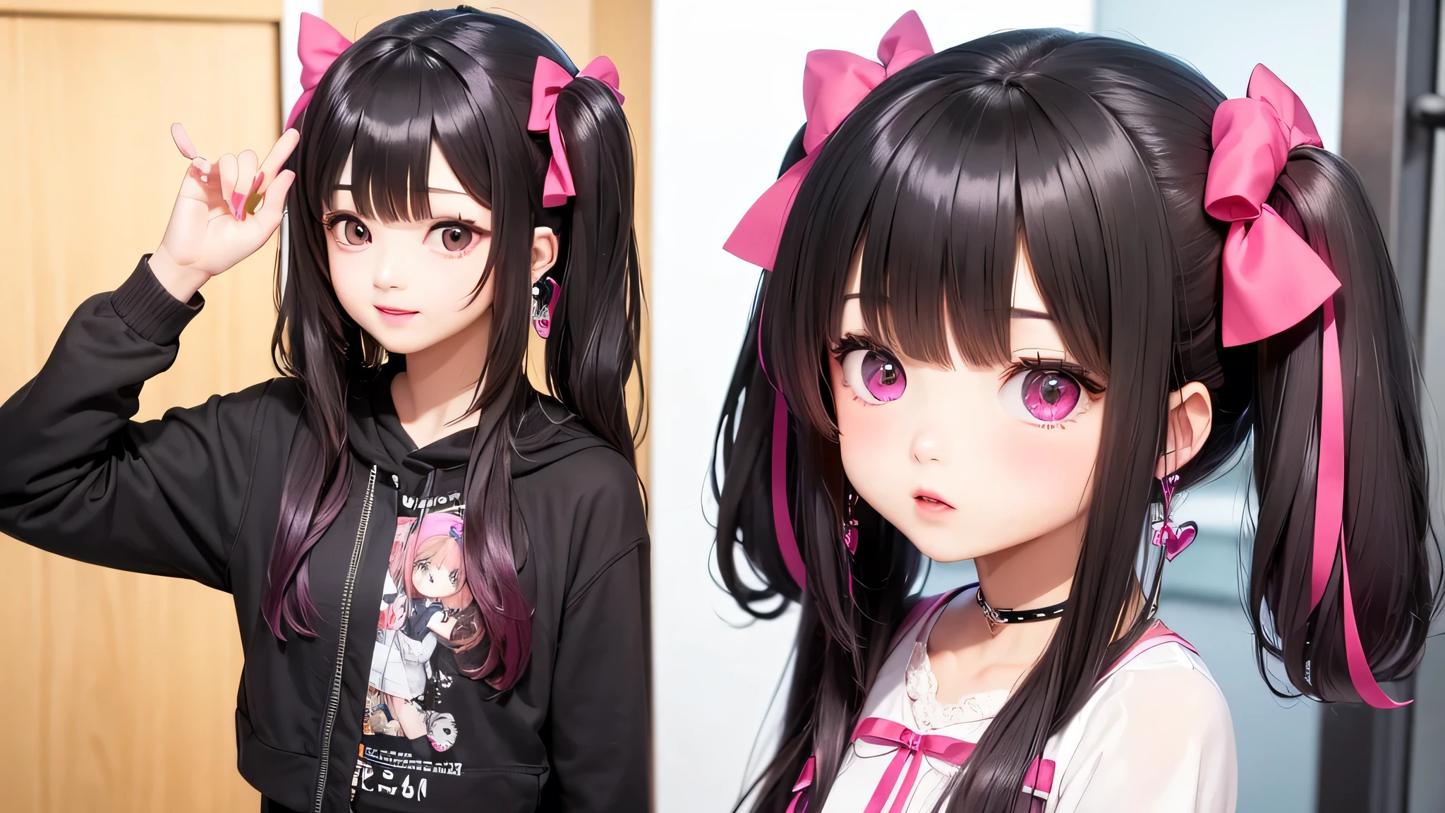 (((1 girl))),I am supporting my idol、Landmine Woman、cute、dark、Menhera、Mine system、Straight black hair in twin tails、 Pink inner color、Black, pink or purple clothes、 Earrings、ribbon、Cross and heart motifs、