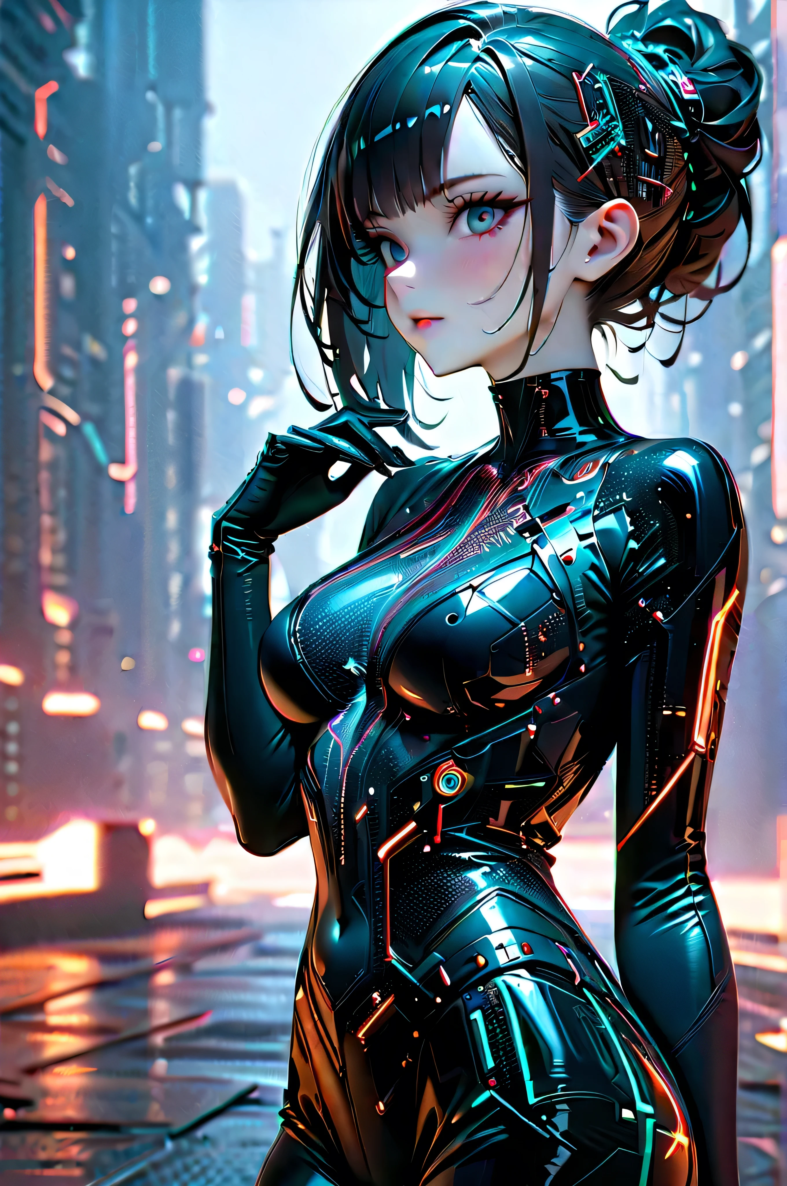 futuristic hair accessory made of circuit boards, (Delicate skin), blue-white skin, Beautiful cybernetics girl wearing a black crop top , sexy futuristic cyberpunk pants , , Japanese with glitter effect , cyberpunk background , sensual, Attractive, (Masterpiece:1.3), ( best quality :1.3), ( more details:1.3), 8k, Very clear, gloves up to the elbow