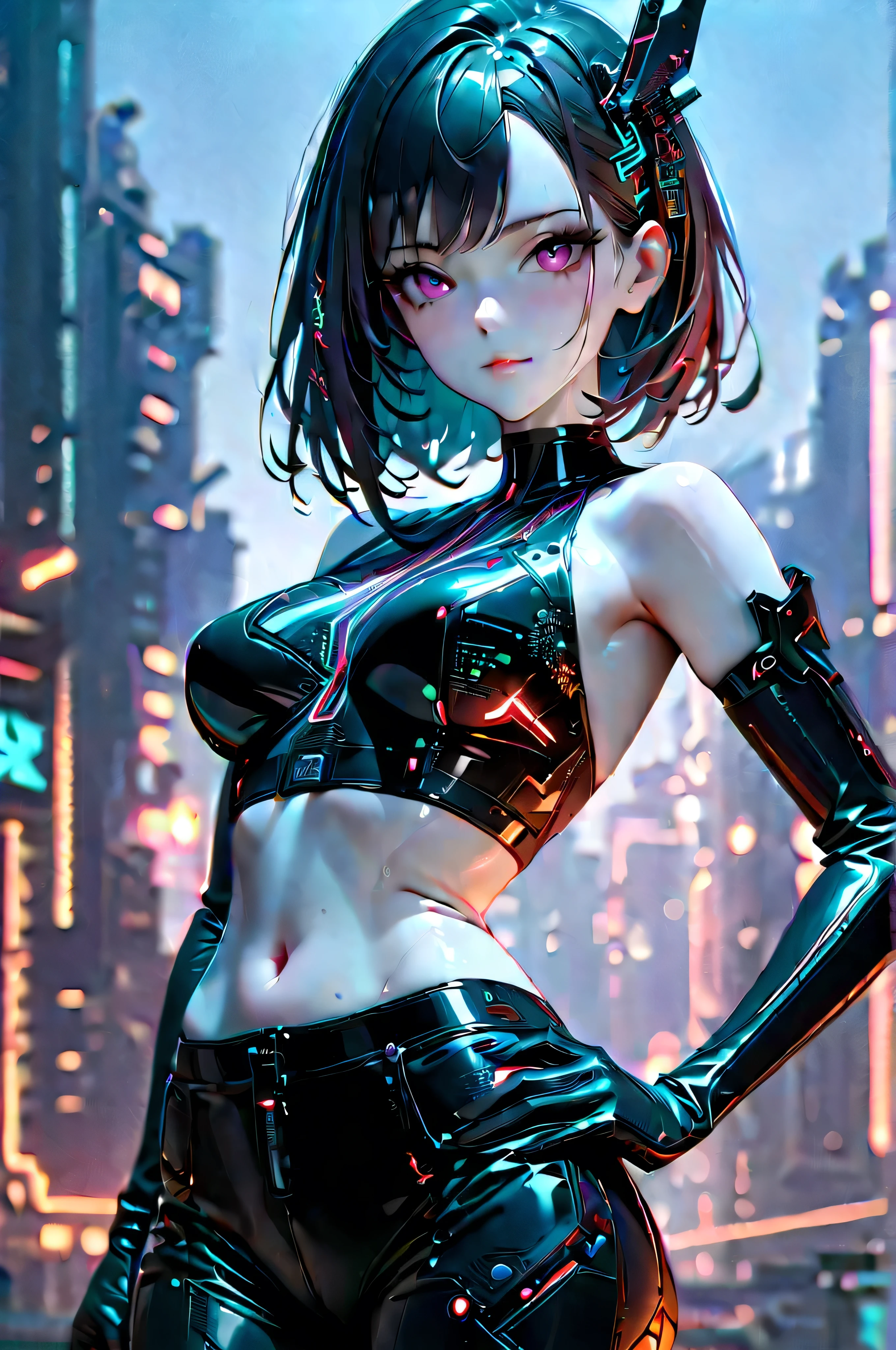 futuristic hair accessory made of circuit boards, (Delicate skin), blue-white skin, Beautiful cybernetics girl wearing a black crop top , sexy futuristic cyberpunk pants , , Japanese with glitter effect , cyberpunk background , sensual, Attractive, (Masterpiece:1.3), ( best quality :1.3), ( more details:1.3), 8k, Very clear, gloves up to the elbow